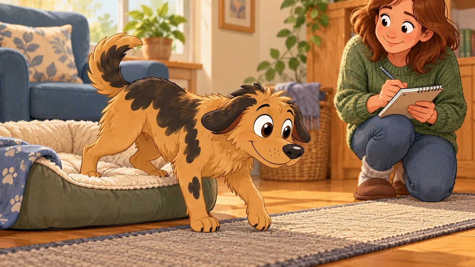 Rex steps from his supportive bed onto a runner as his owner watches with a notebook.