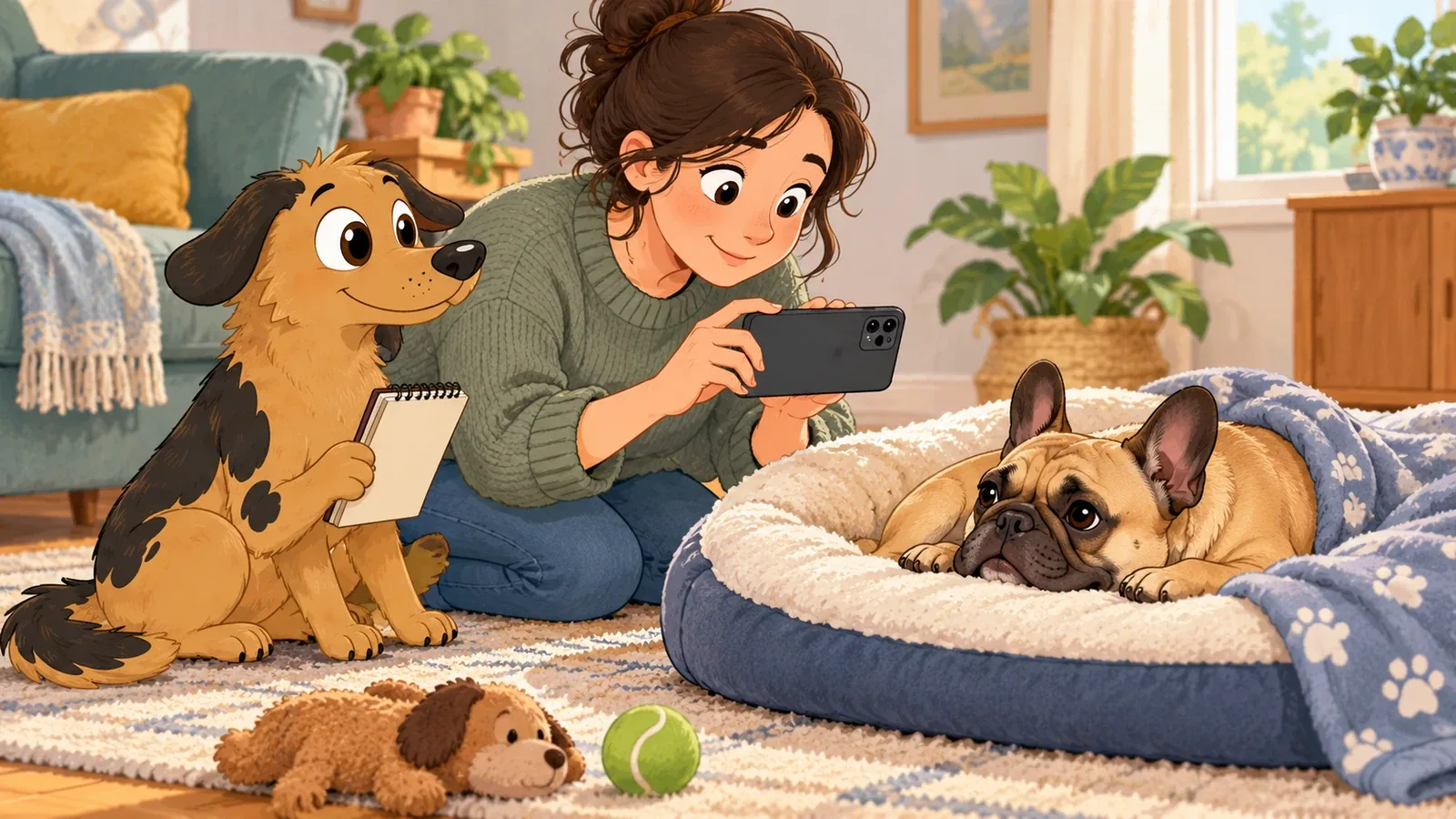An owner records a resting French Bulldog while Rex sits nearby with a notebook.