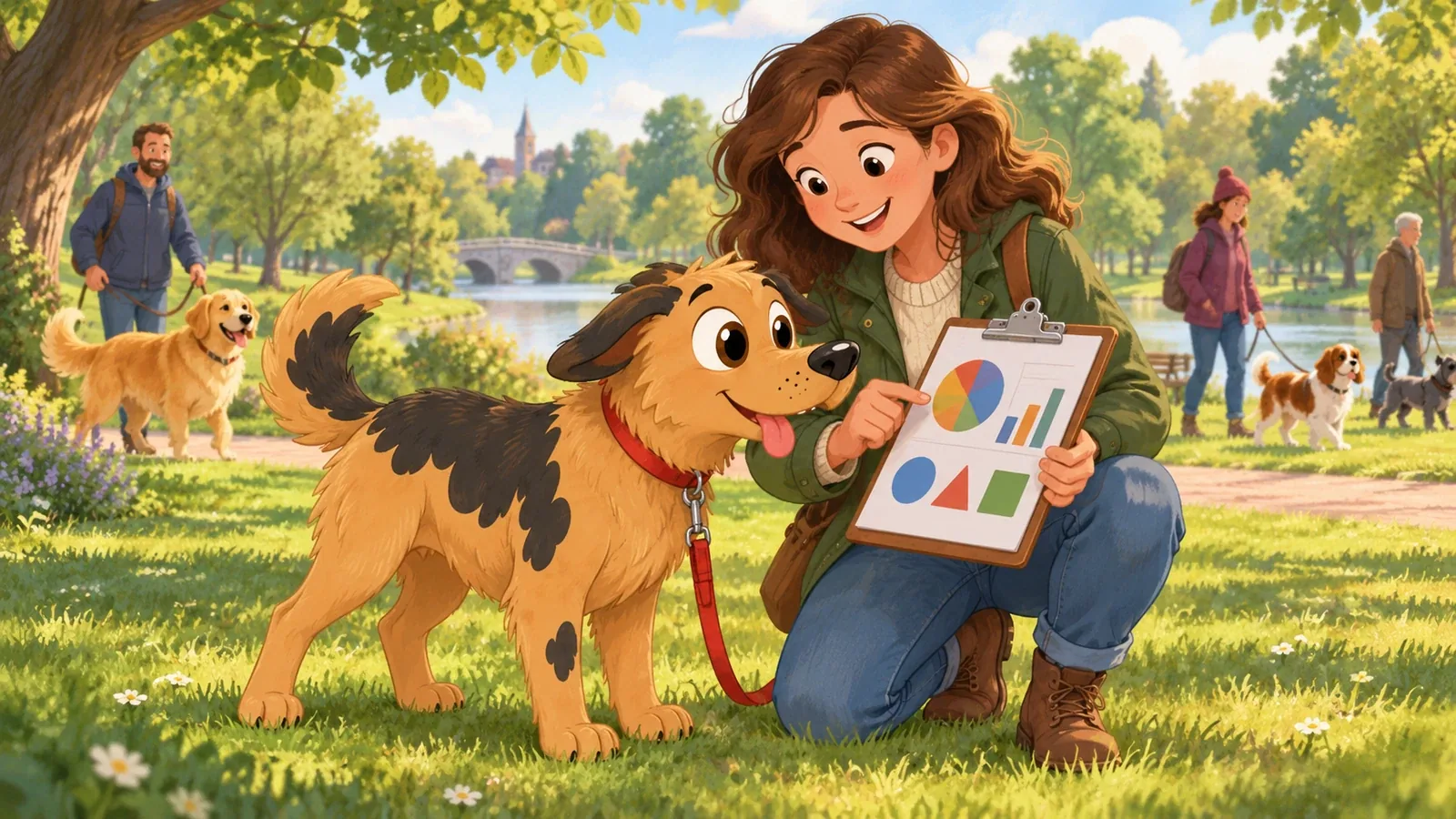 Rex stands beside an adult holding an unlabelled chart in a park, with other dogs and owners spaced along the path.