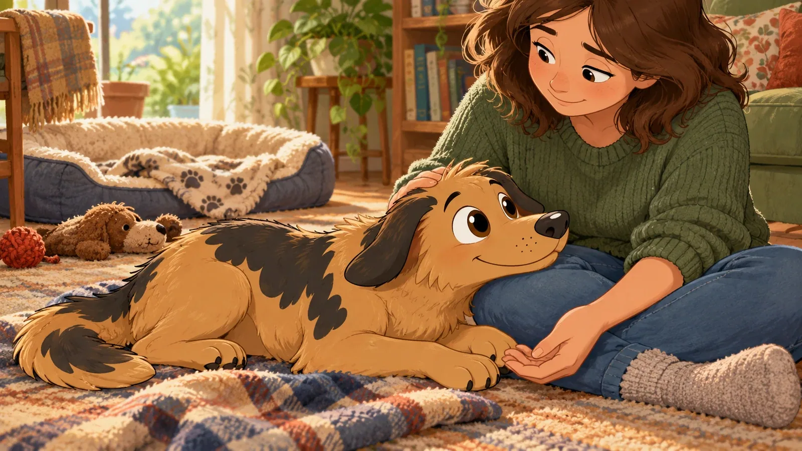 Rex rests beside his owner on the floor, with a blanket and an empty dog bed behind them.
