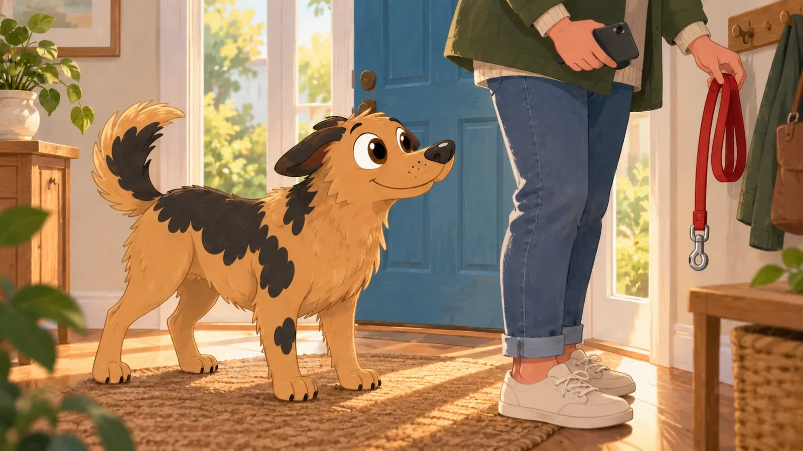 Rex stands beside an adult picking up a red lead and holding a phone by the front door.