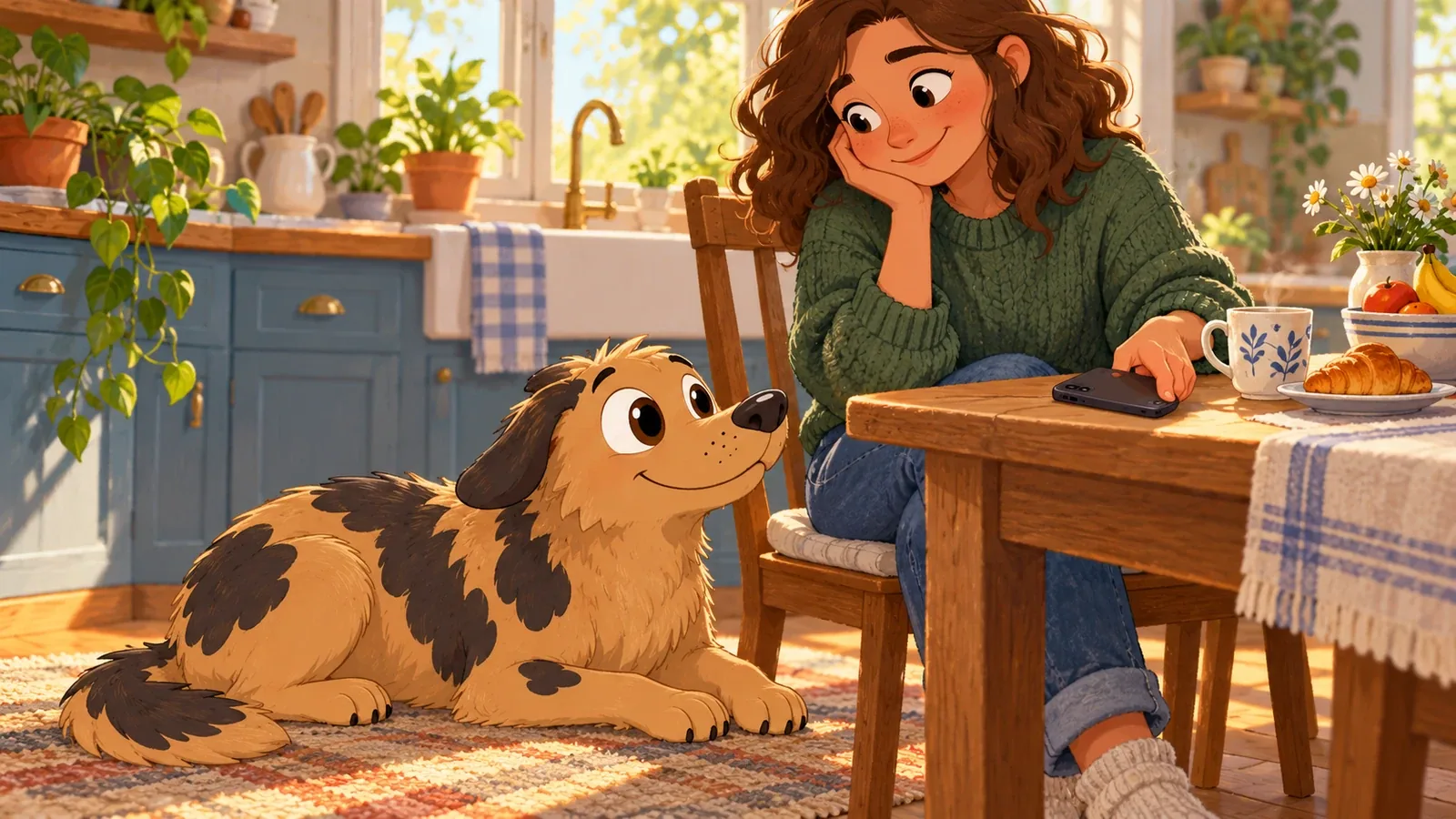 Rex rests beside an adult setting a phone face down at a sunny kitchen breakfast table.