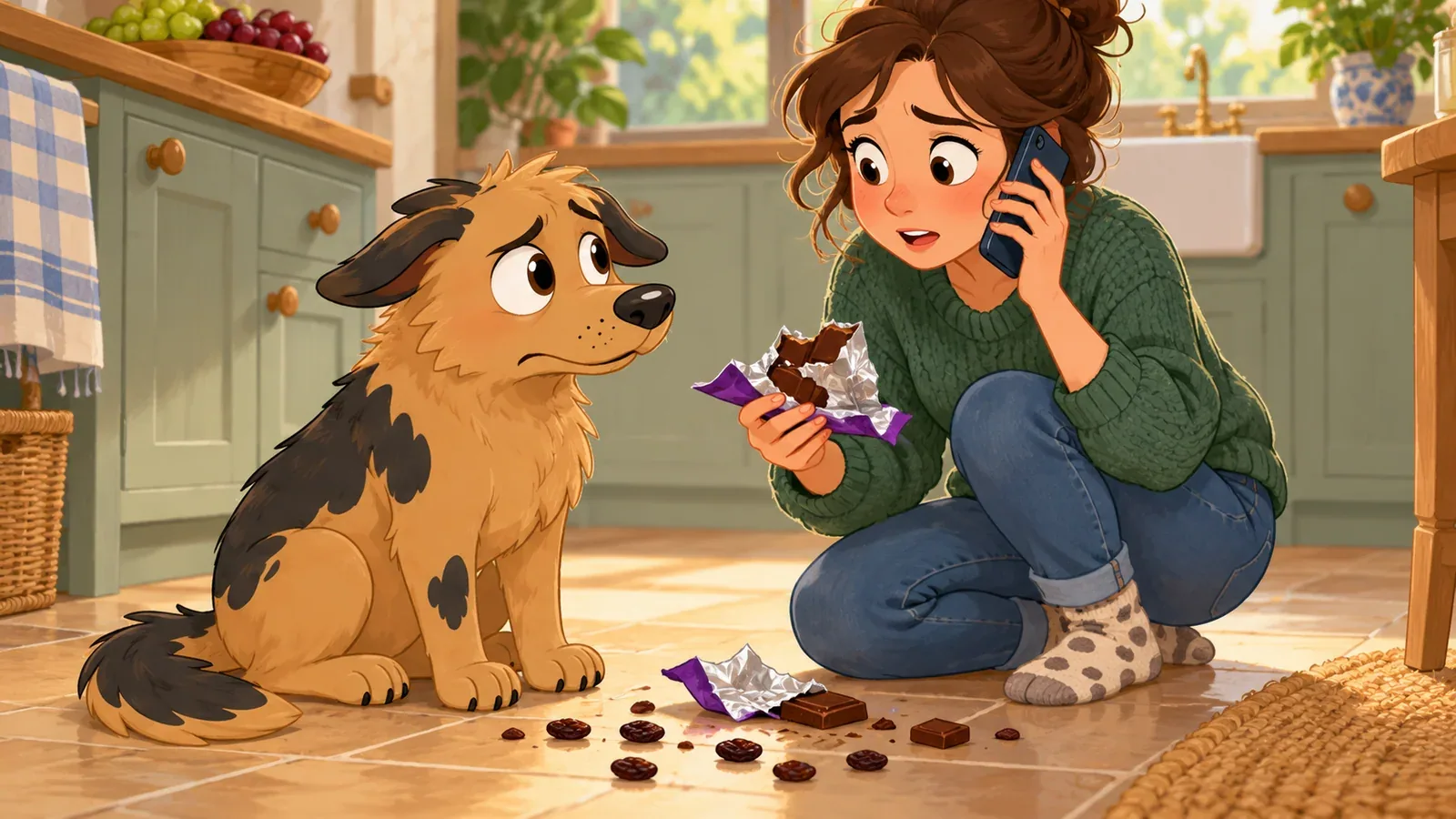 Rex sits beside a torn wrapper while his owner holds the packaging and phones for advice.
