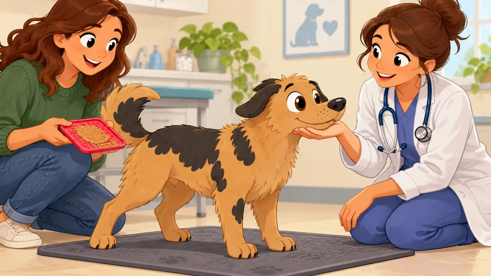 Rex rests his chin in a vet’s hand while his owner offers a lick mat.