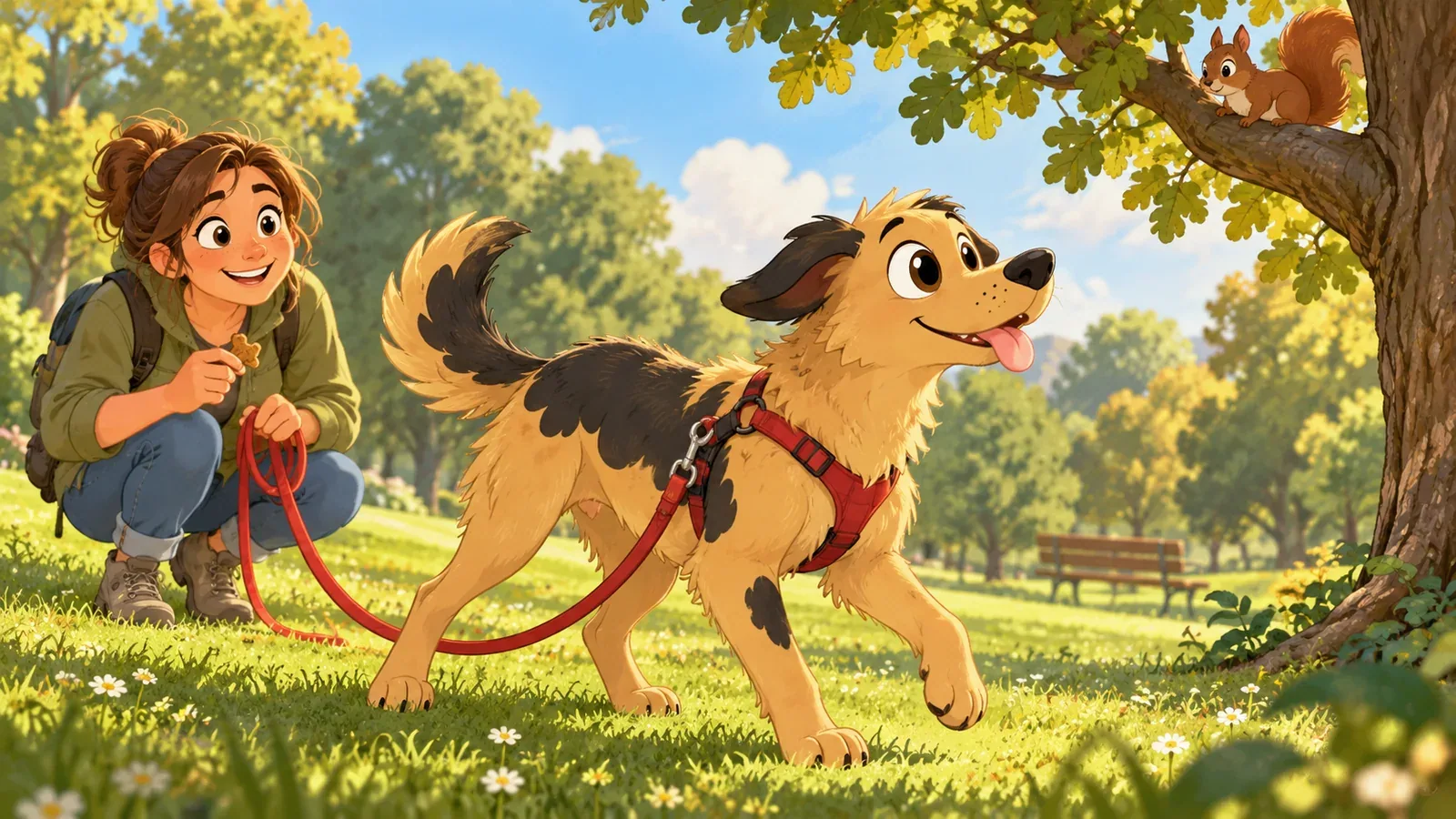 A young Rex notices a squirrel while his owner waits with a treat and slack line.
