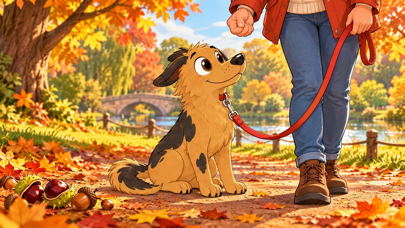 Rex looks up at his owner’s treat hand, leaving conkers and acorns on the path.
