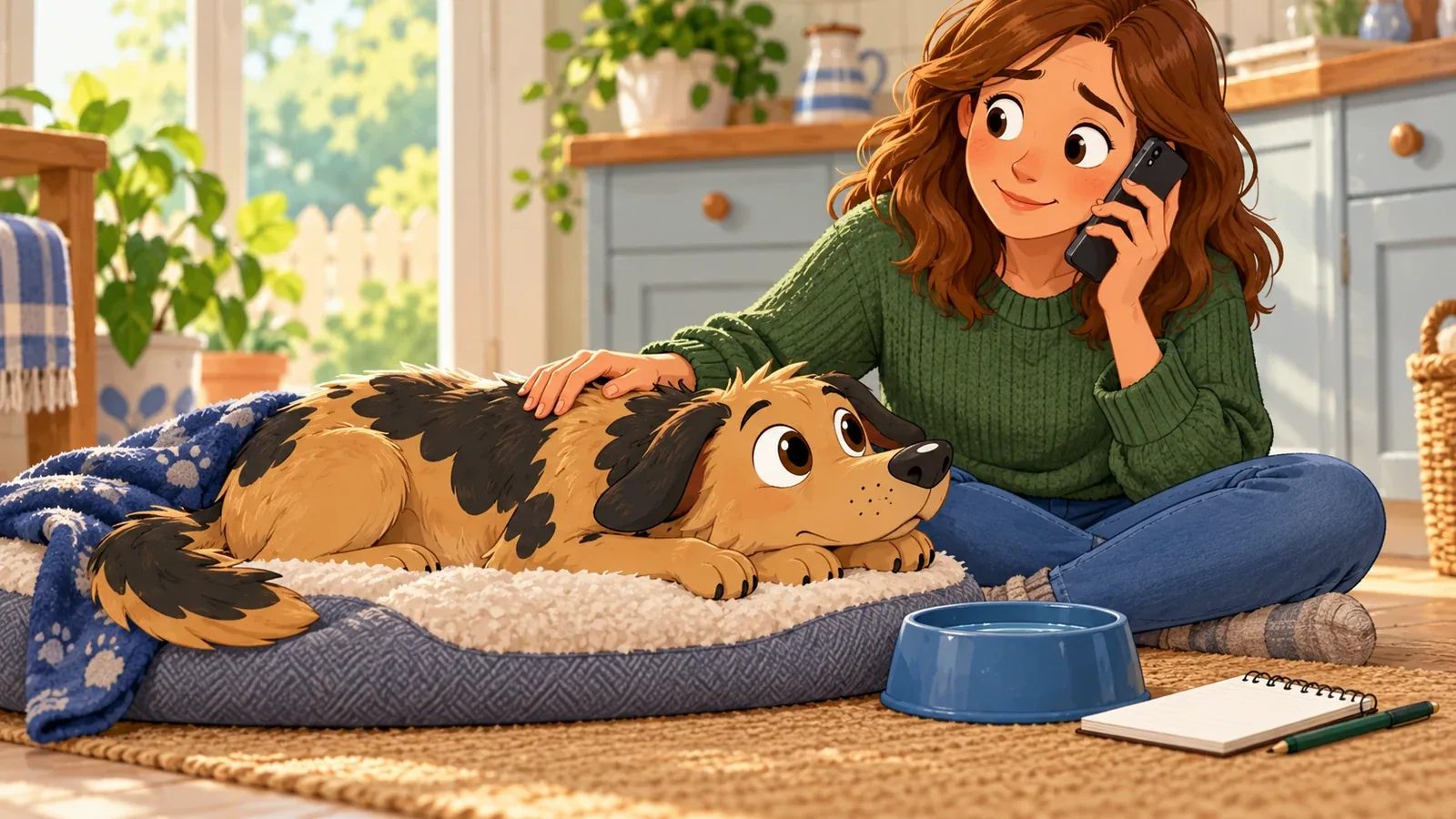 An adult phones the veterinary practice while Rex rests beside fresh water.