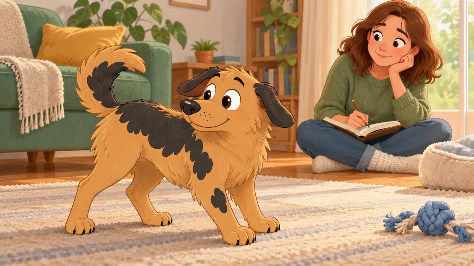 An adult makes notes while Rex stands calmly and turns his head towards his tail.