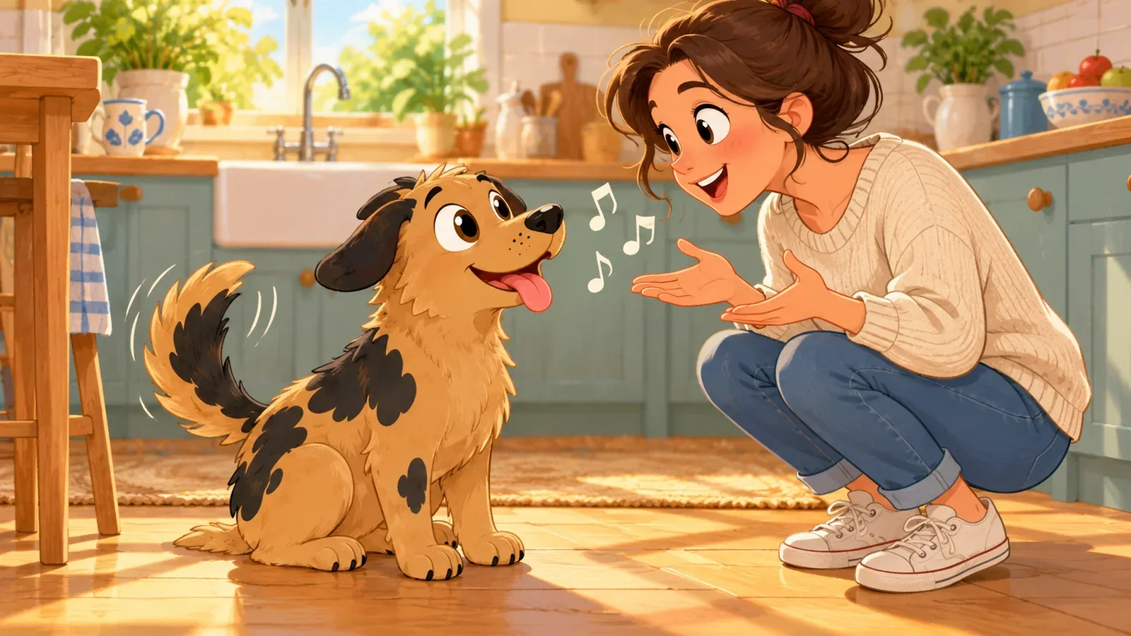 Rex looks up at his smiling owner as she crouches to talk to him.