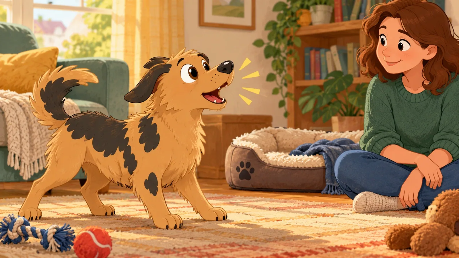 Rex gives an alert bark while an adult calmly watches him beside a dog bed.