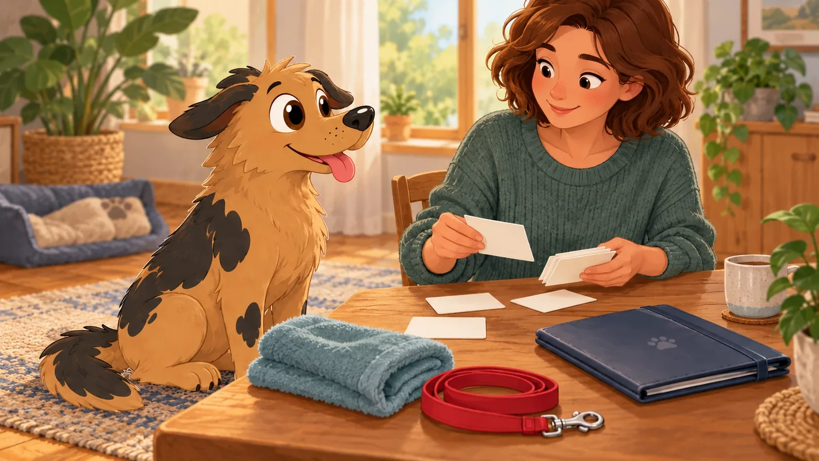 Rex sits beside an adult sorting blank reminder cards, with a closed folder, towel and lead on the table.