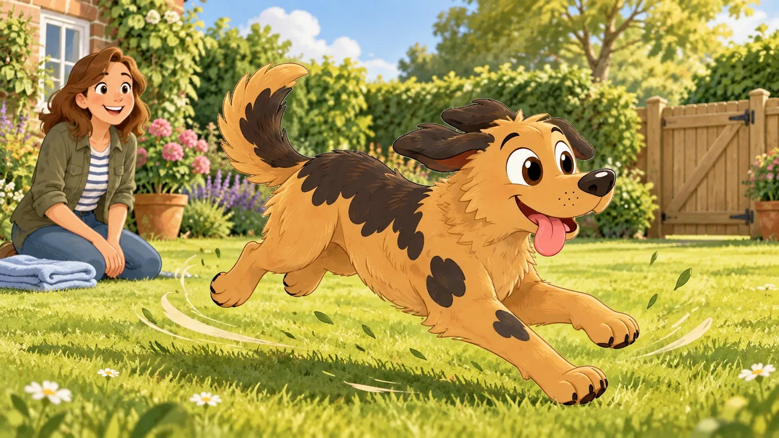 Rex bounds in a playful loop across a clear grassy garden while his owner watches.