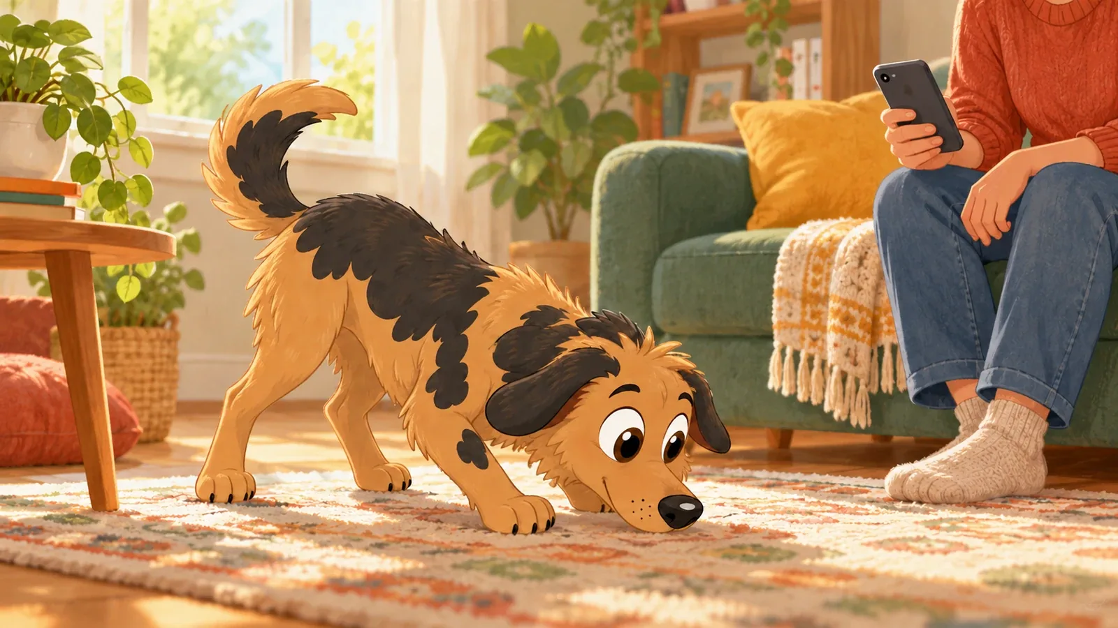 Rex sniffs a rug in a bright sitting room while a seated adult holds a phone at a comfortable distance.