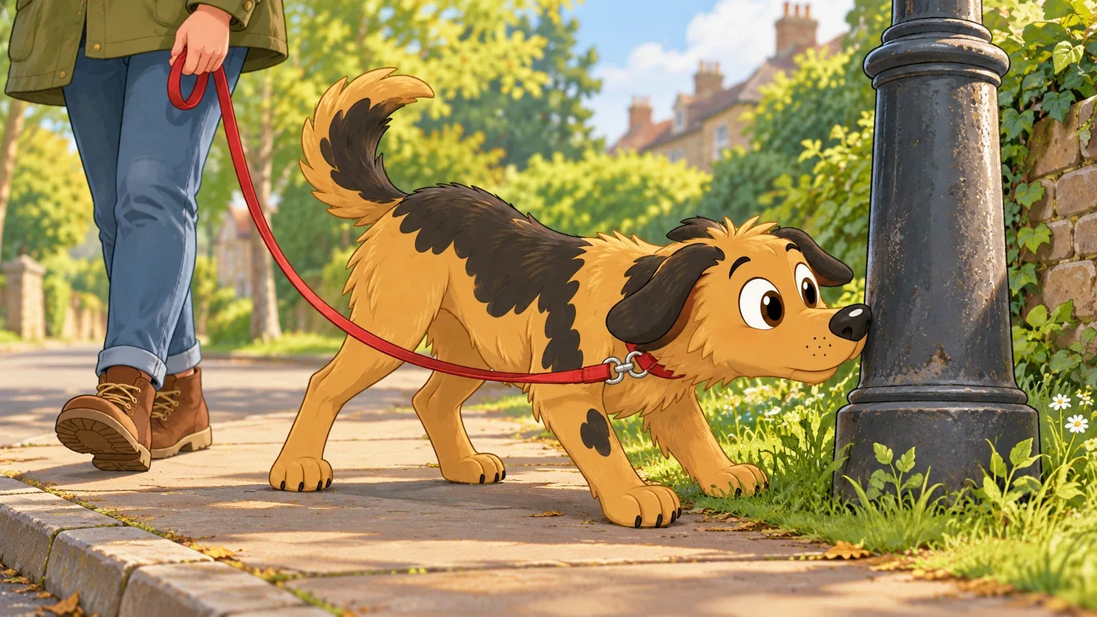 Rex sniffs a lamppost on a quiet pavement while his owner waits with his lead.