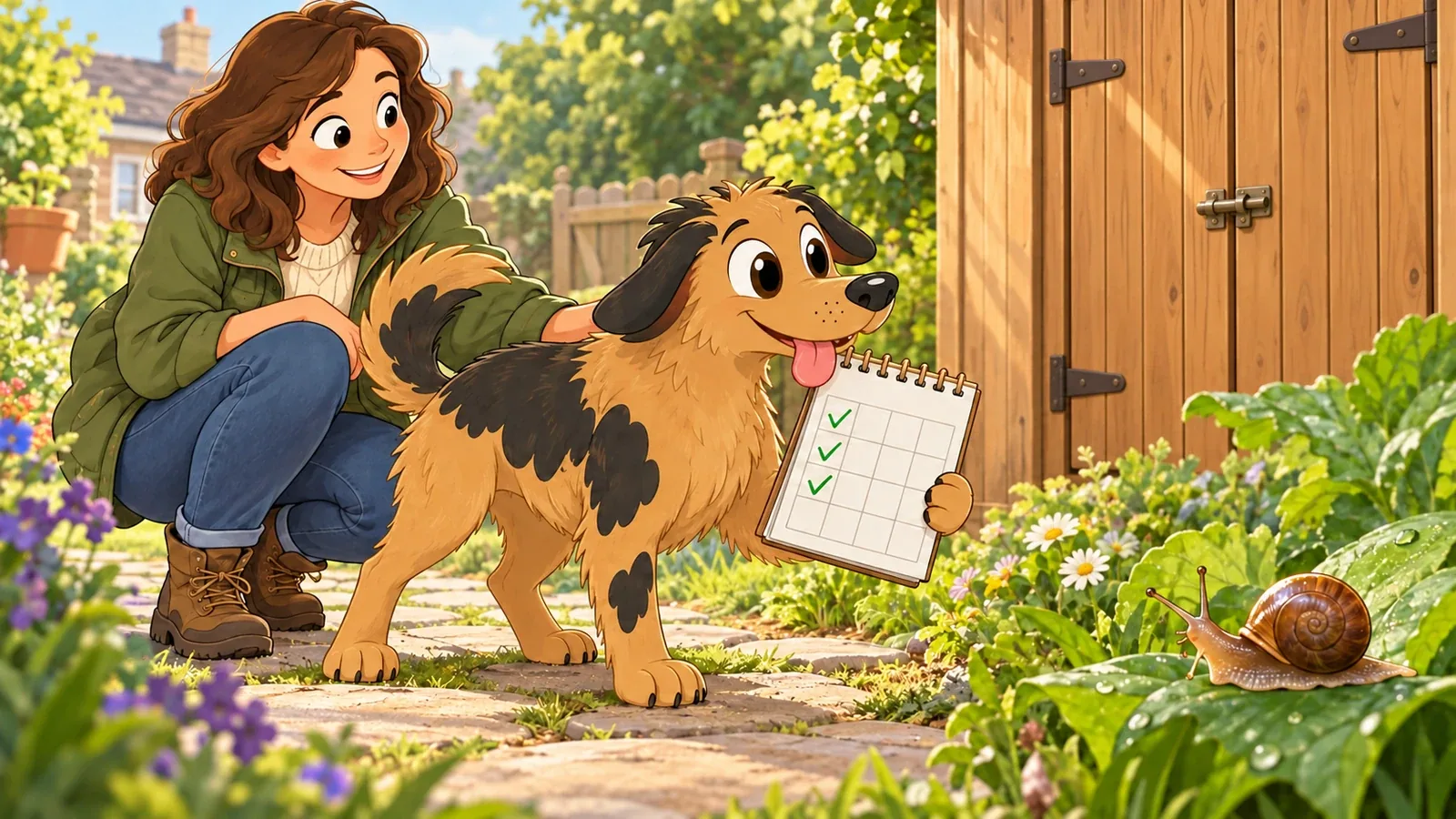 Rex holds a care calendar beside an adult in a garden, away from a snail, with garden products safely in a closed cupboard.