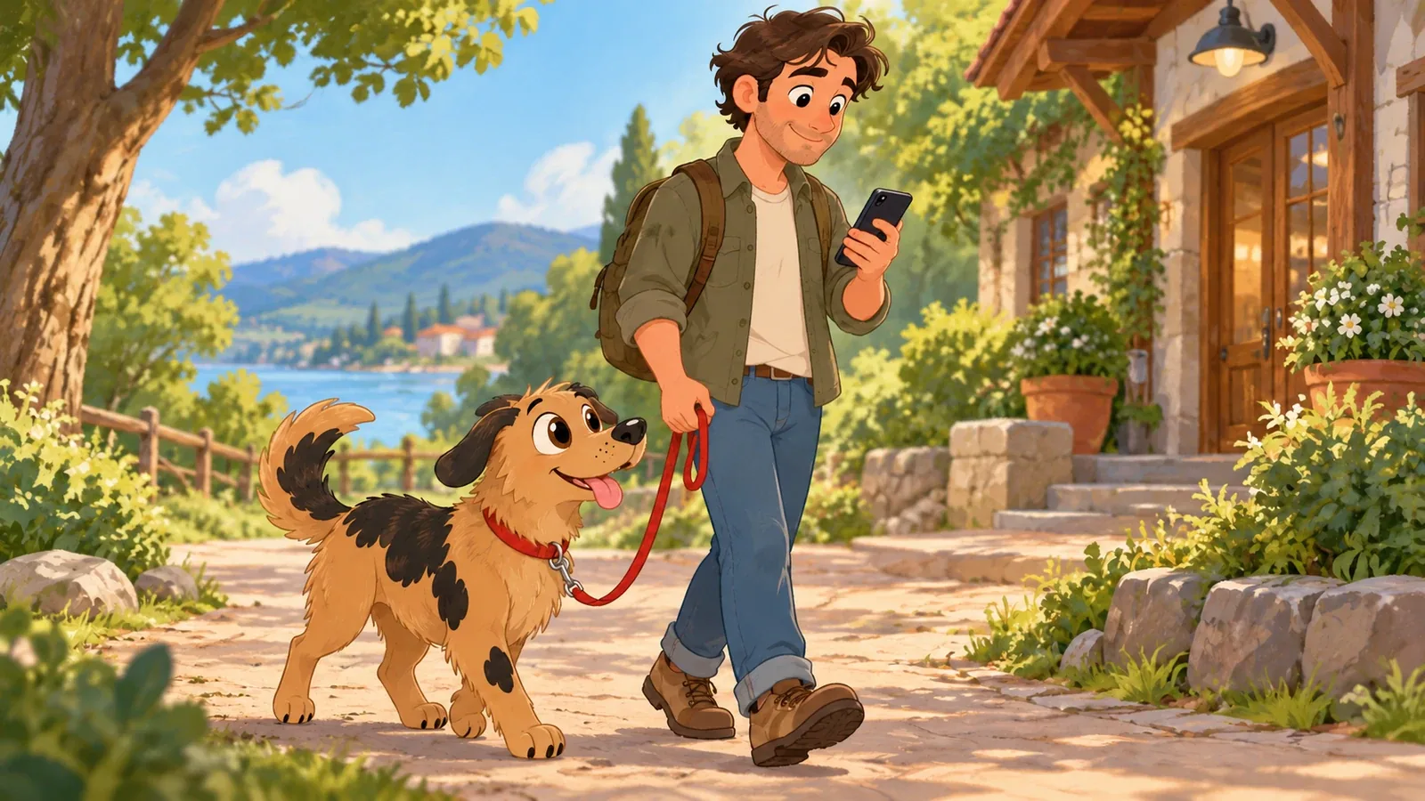 Rex walks on a slack lead beside an adult checking a phone on a path near a lakeside building.