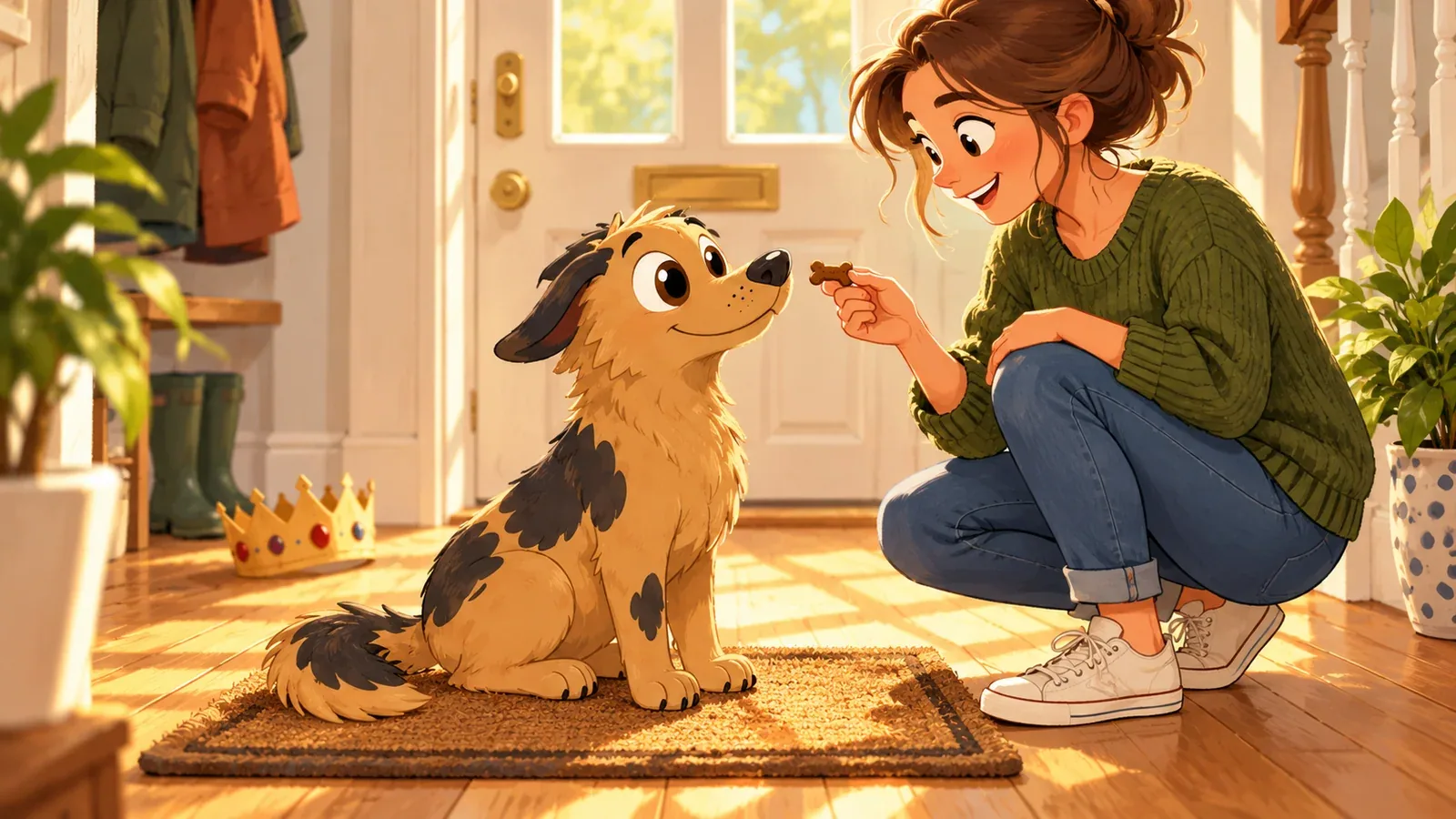 An owner rewards Rex for sitting calmly, with a paper crown left on the floor.