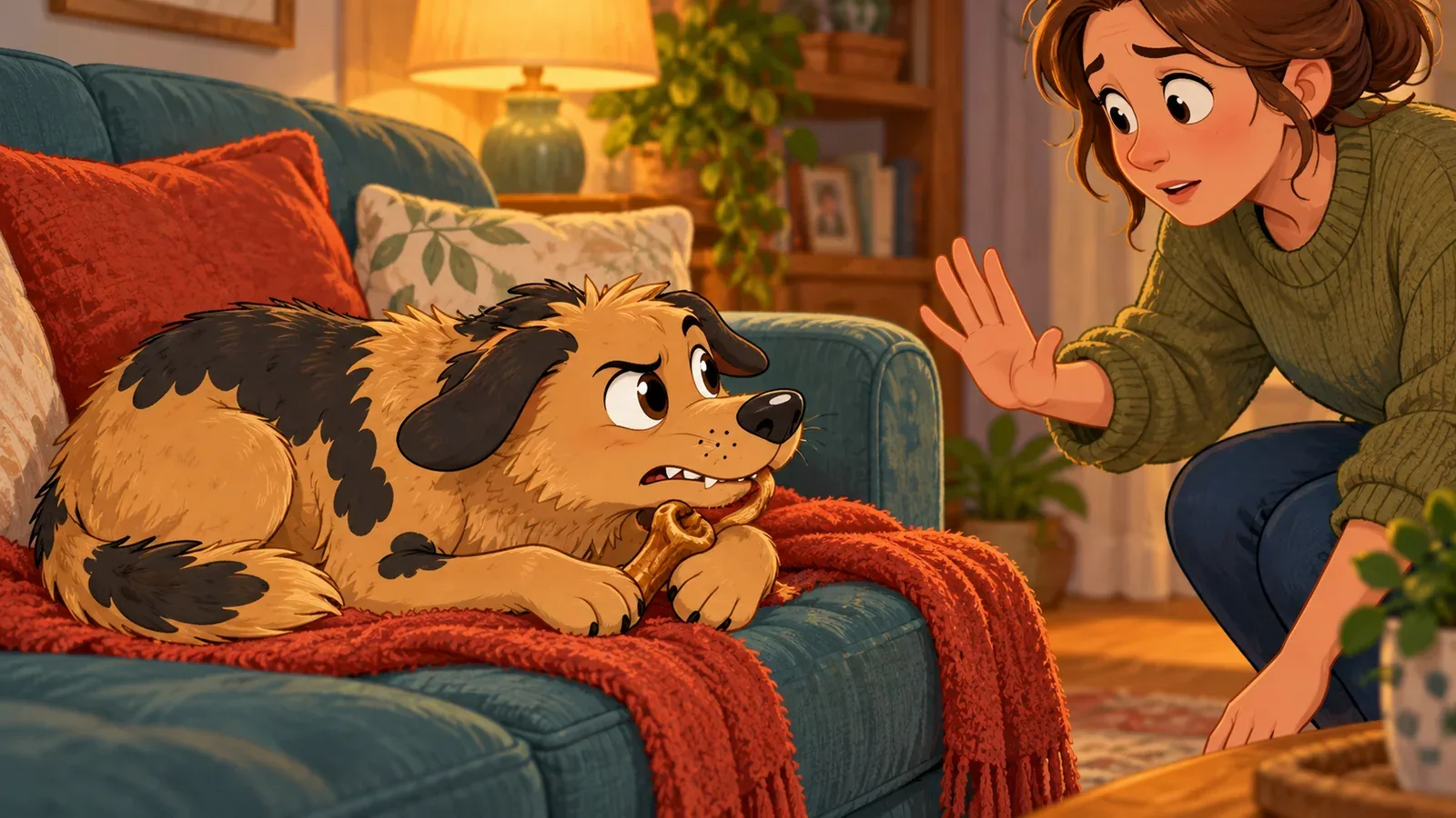 Rex holds a chew on a sofa while his owner pauses and gives him space.