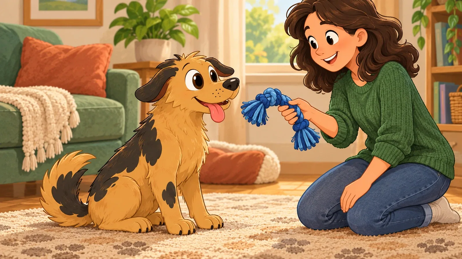 An adult redirects Rex towards a rope toy while he sits calmly on a rug.