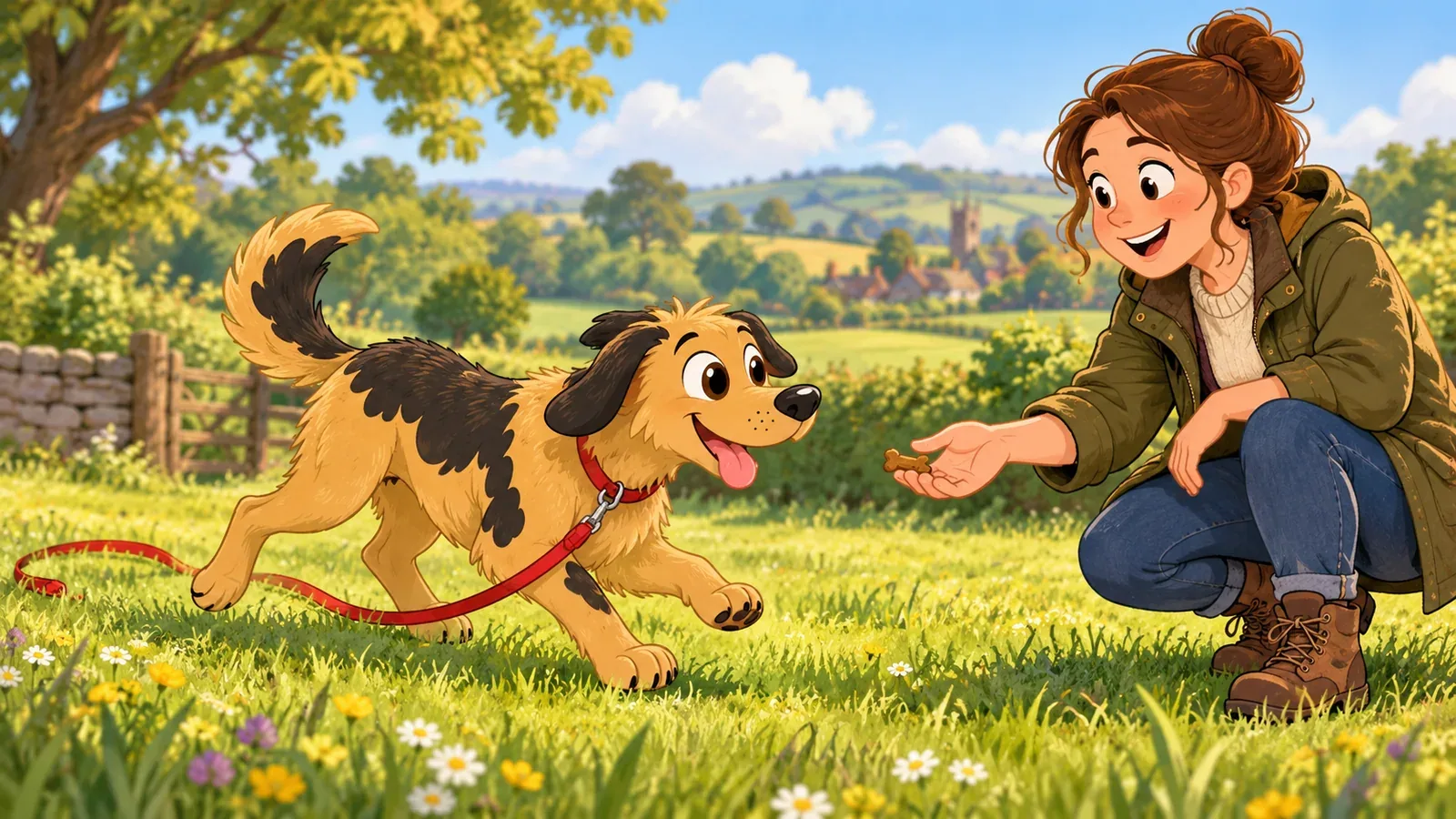 Rex returns to his owner across a field with a loose training line.