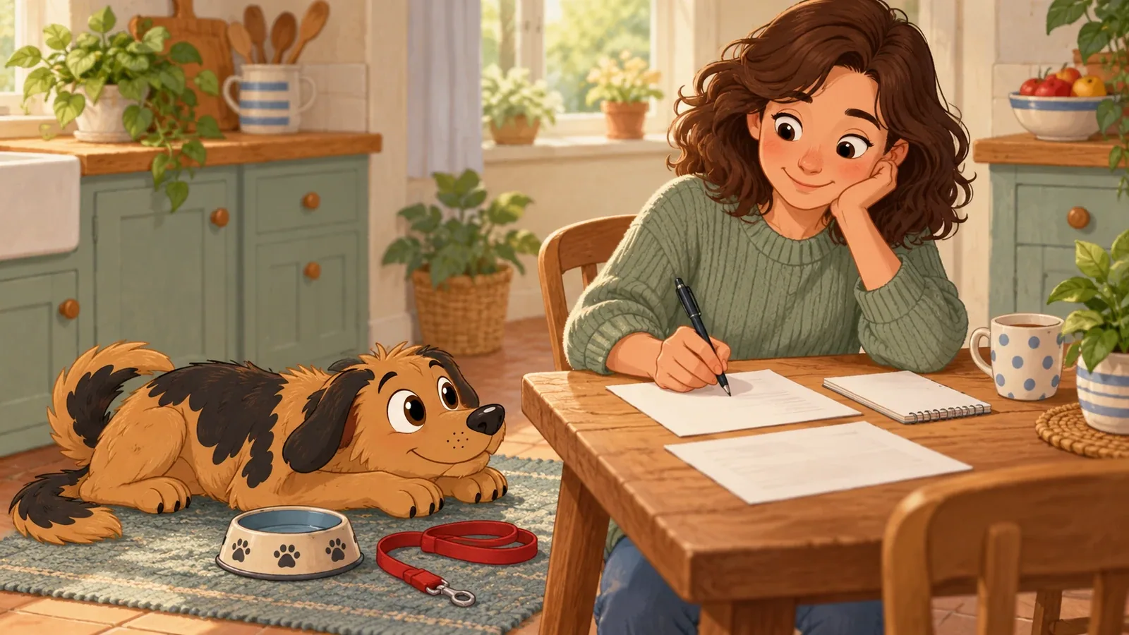An adult works through papers at a kitchen table while Rex rests beside a water bowl and a coiled red lead.