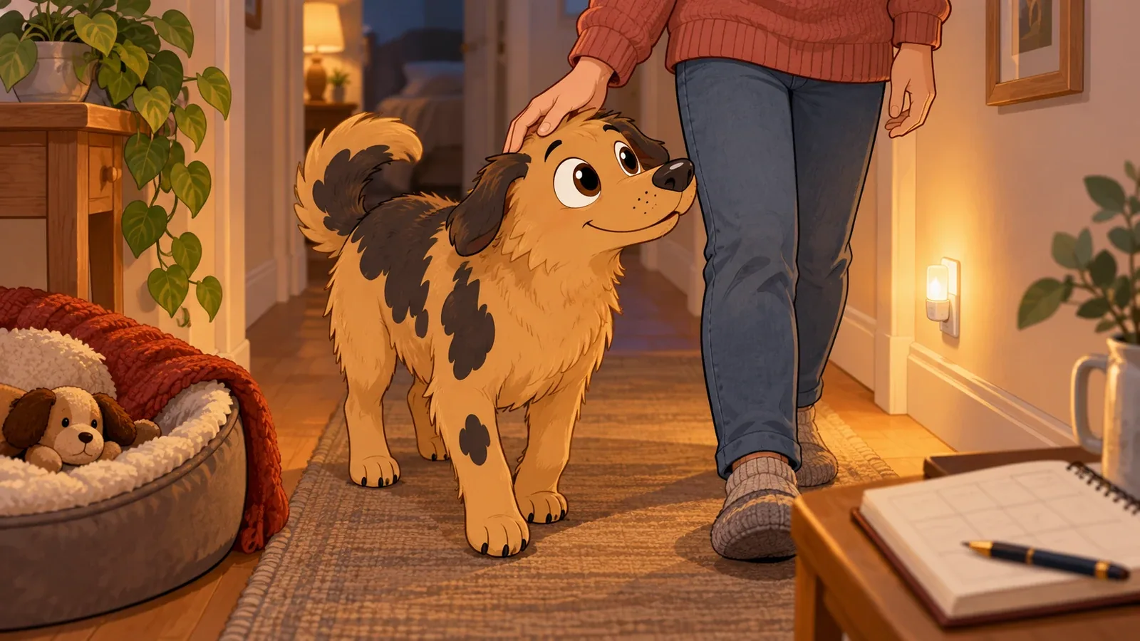 An adult accompanies Rex along a familiar hallway lit by a nightlight.