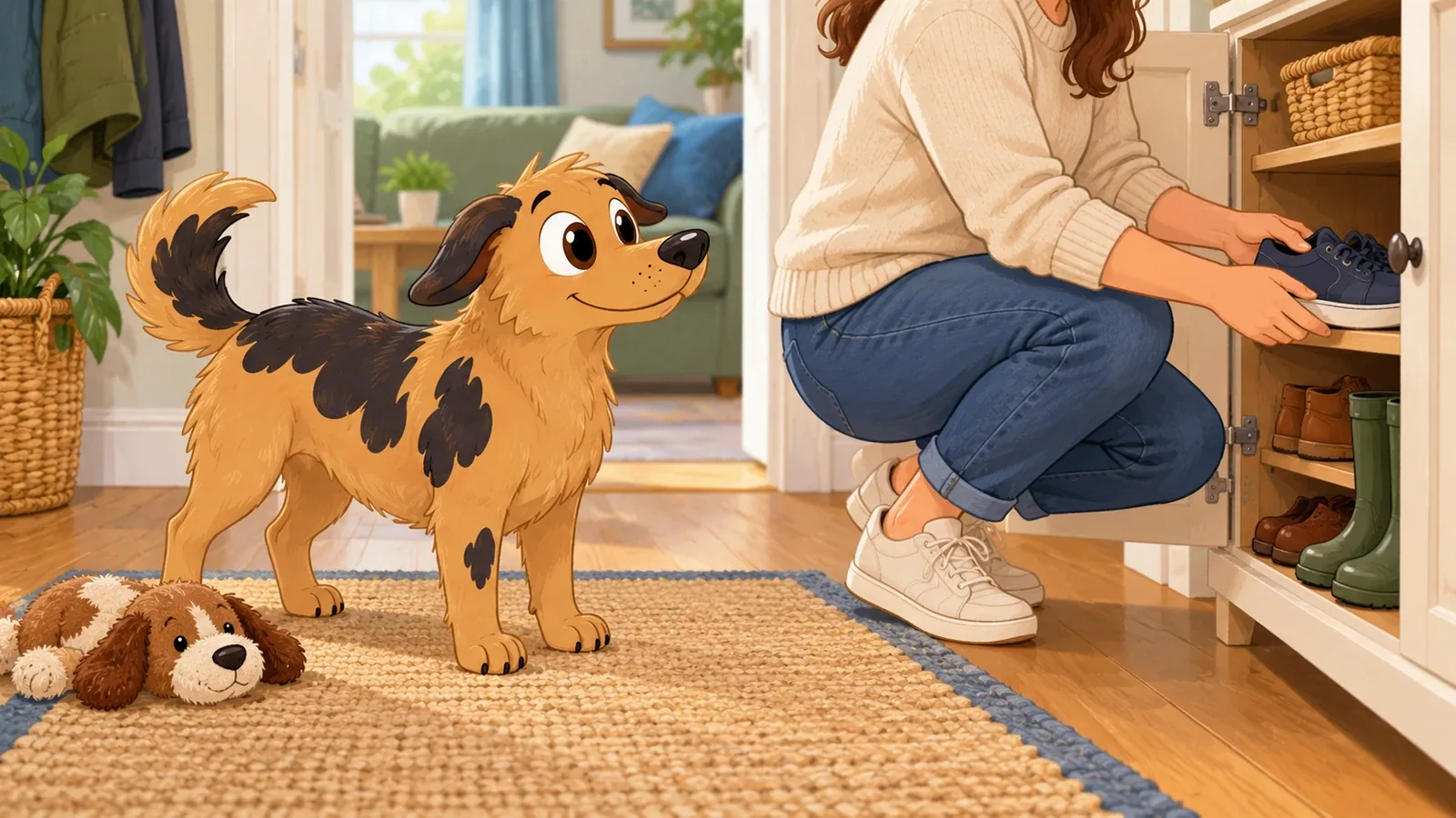 Rex stands beside a soft toy as his owner calmly puts shoes away in a cupboard.