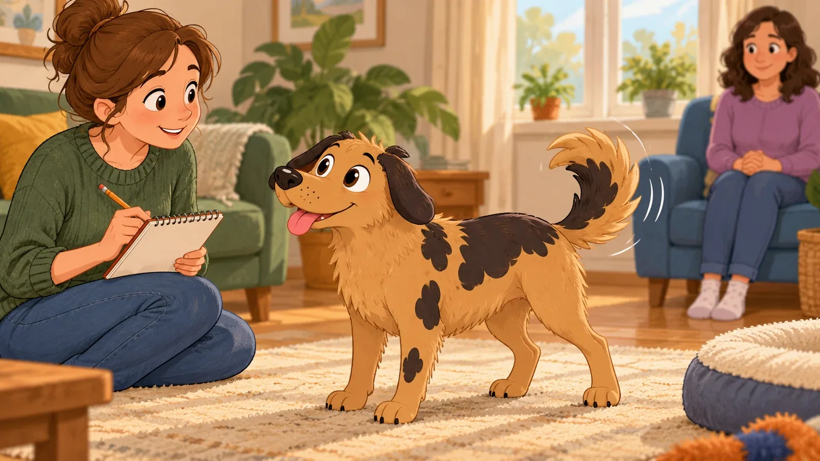 An adult observes Rex's loose wagging tail while a visitor waits at a distance.