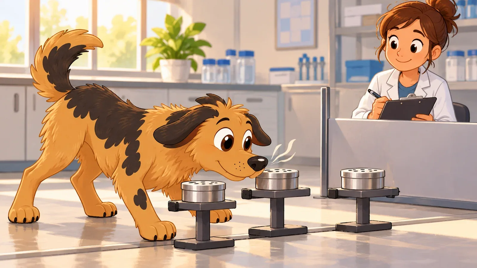 Rex investigates covered scent pots while a trainer records observations.