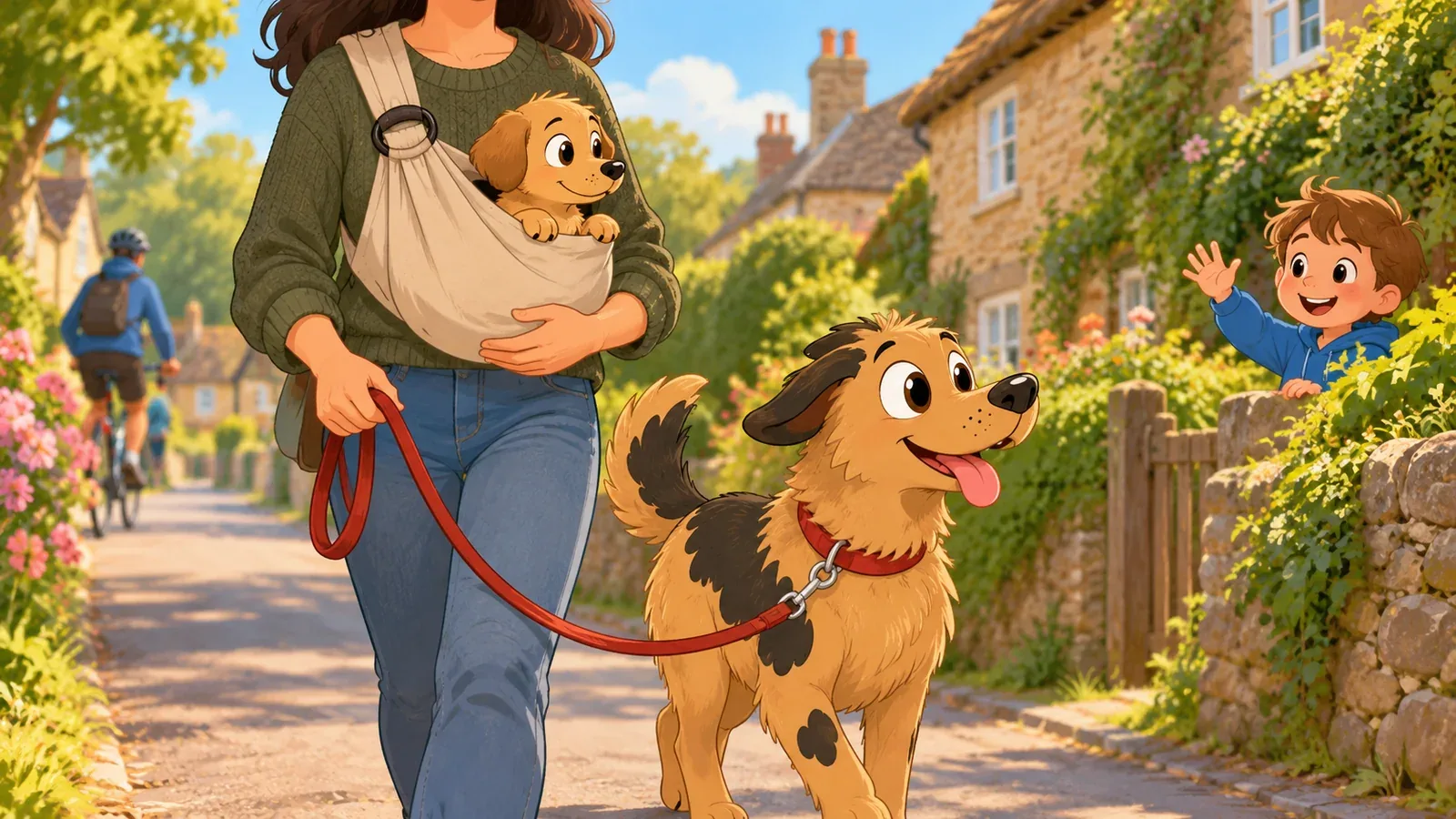 A puppy watches a quiet village from a sling while Rex walks beside the owner.