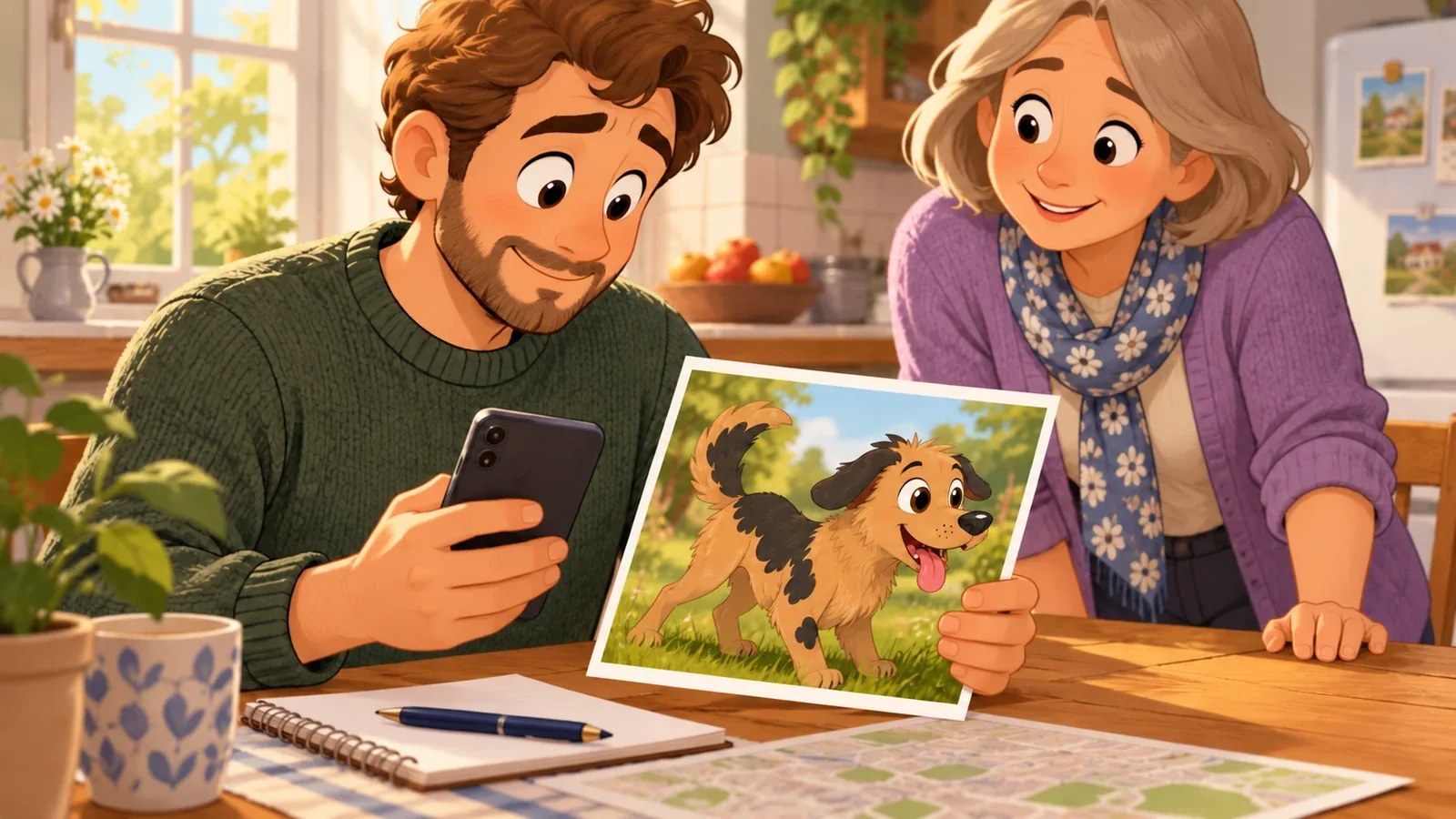 An adult holds a phone and a large photograph of Rex while another adult helps at a table with a map and notebook.