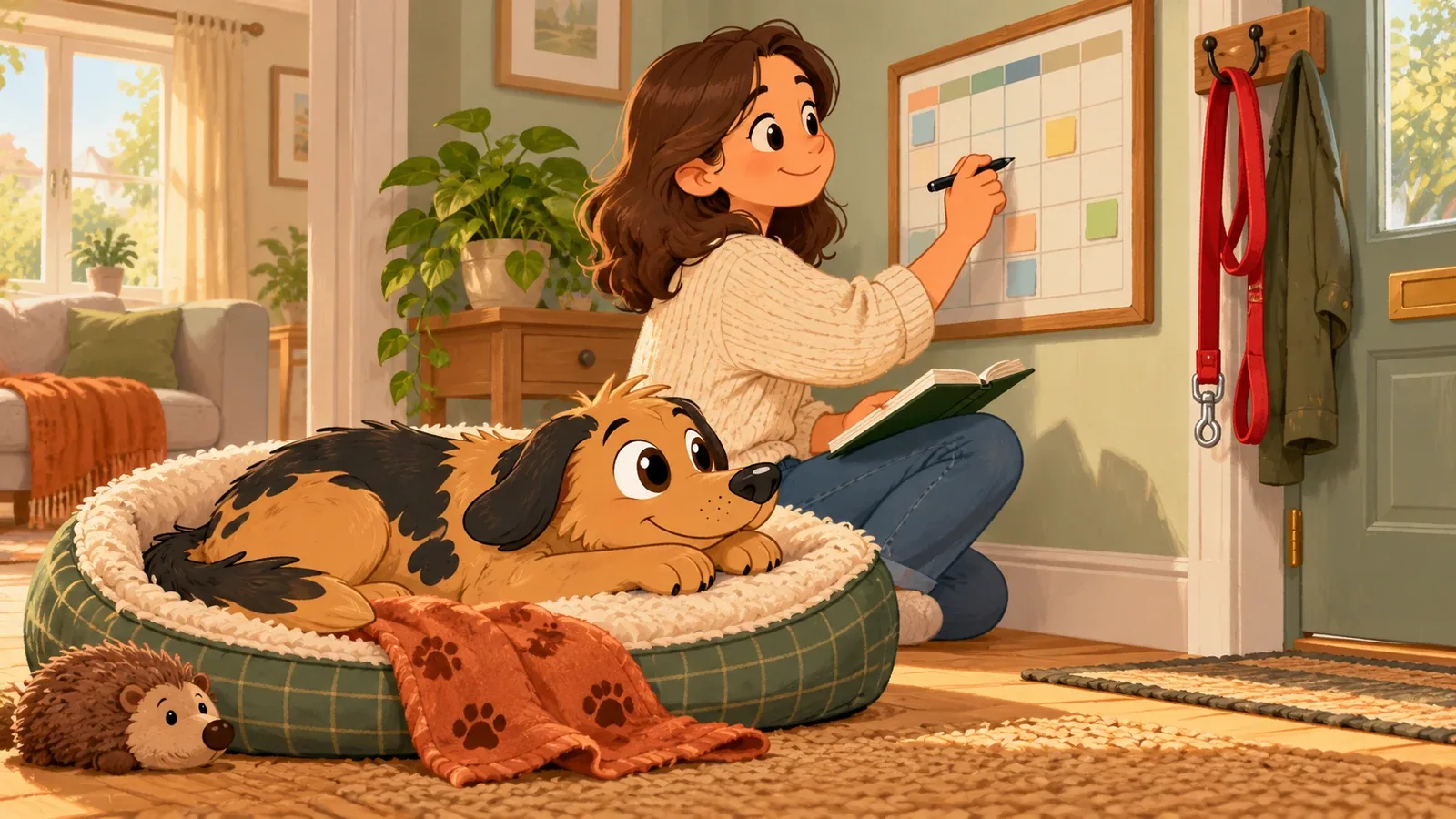 Rex rests in his bed while an adult plans care on an unlabelled wall calendar beside the closed front door.