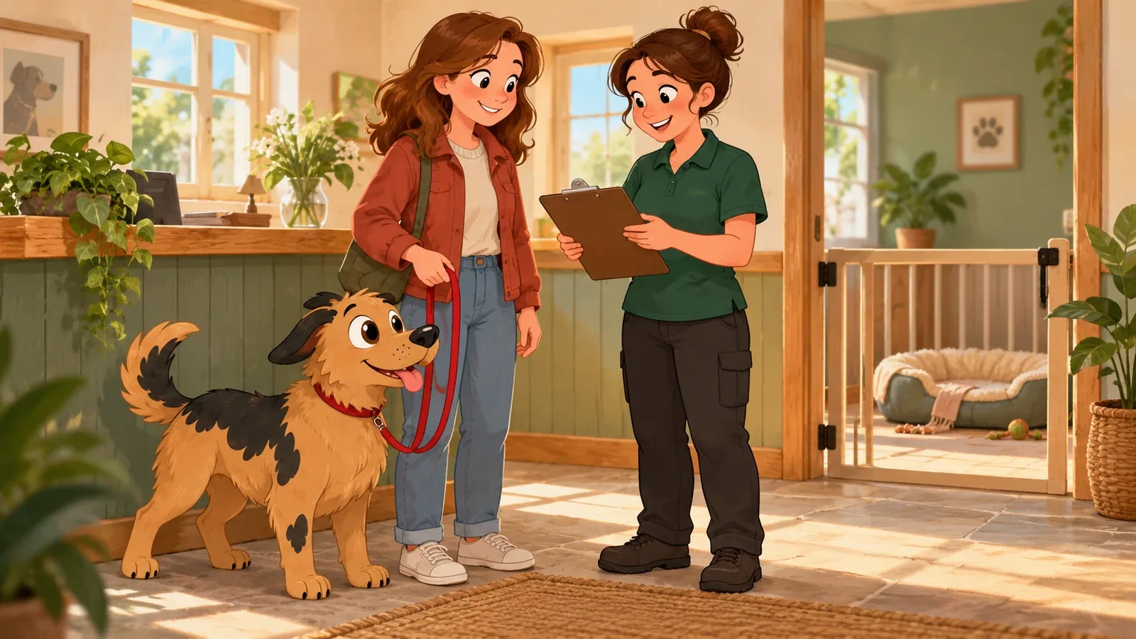 Rex stands on a slack red lead while his owner and a carer review a clipboard; a gated resting space is visible beyond.