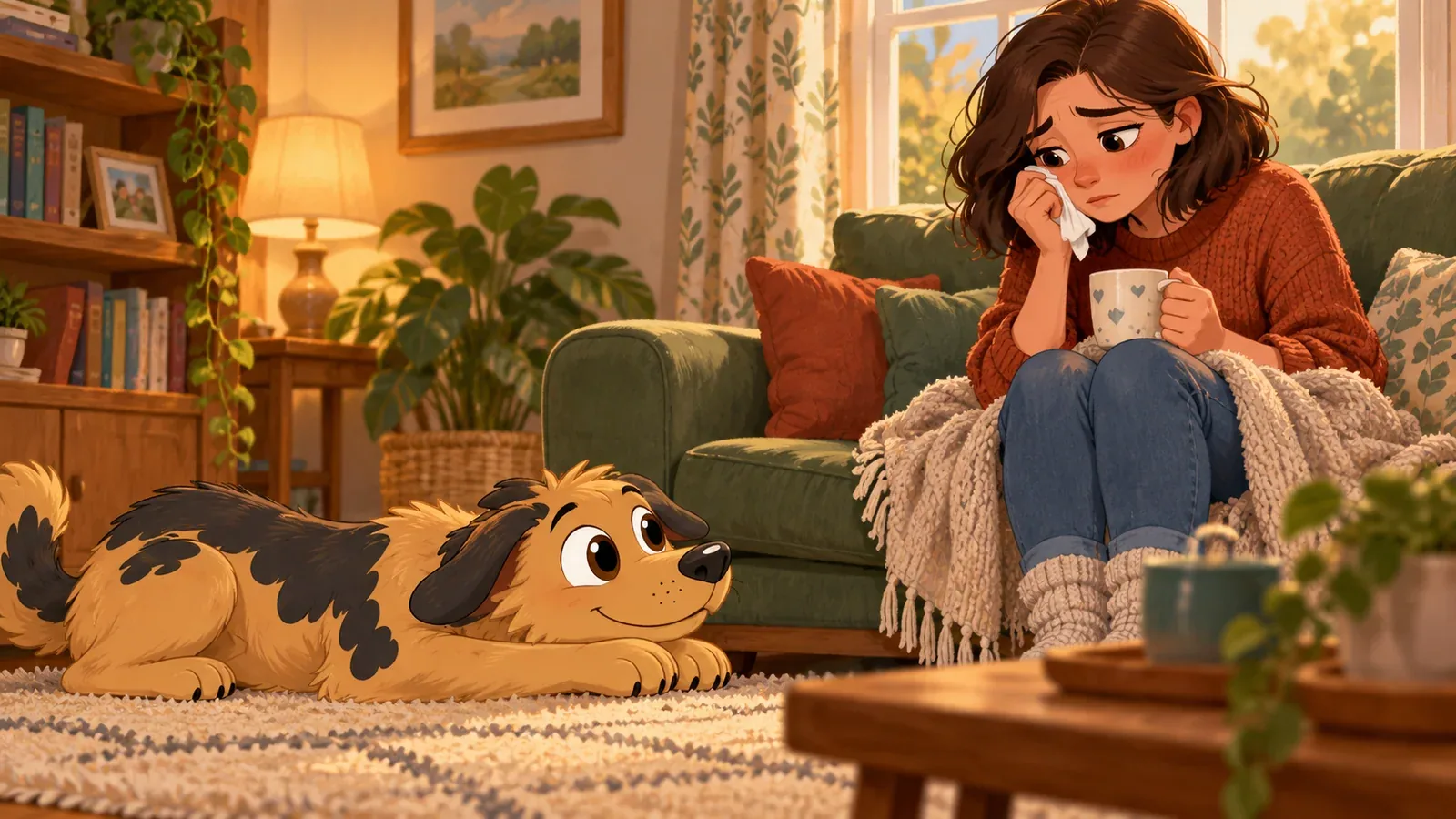 Rex rests nearby while his owner sits on the sofa holding a tissue and a mug.