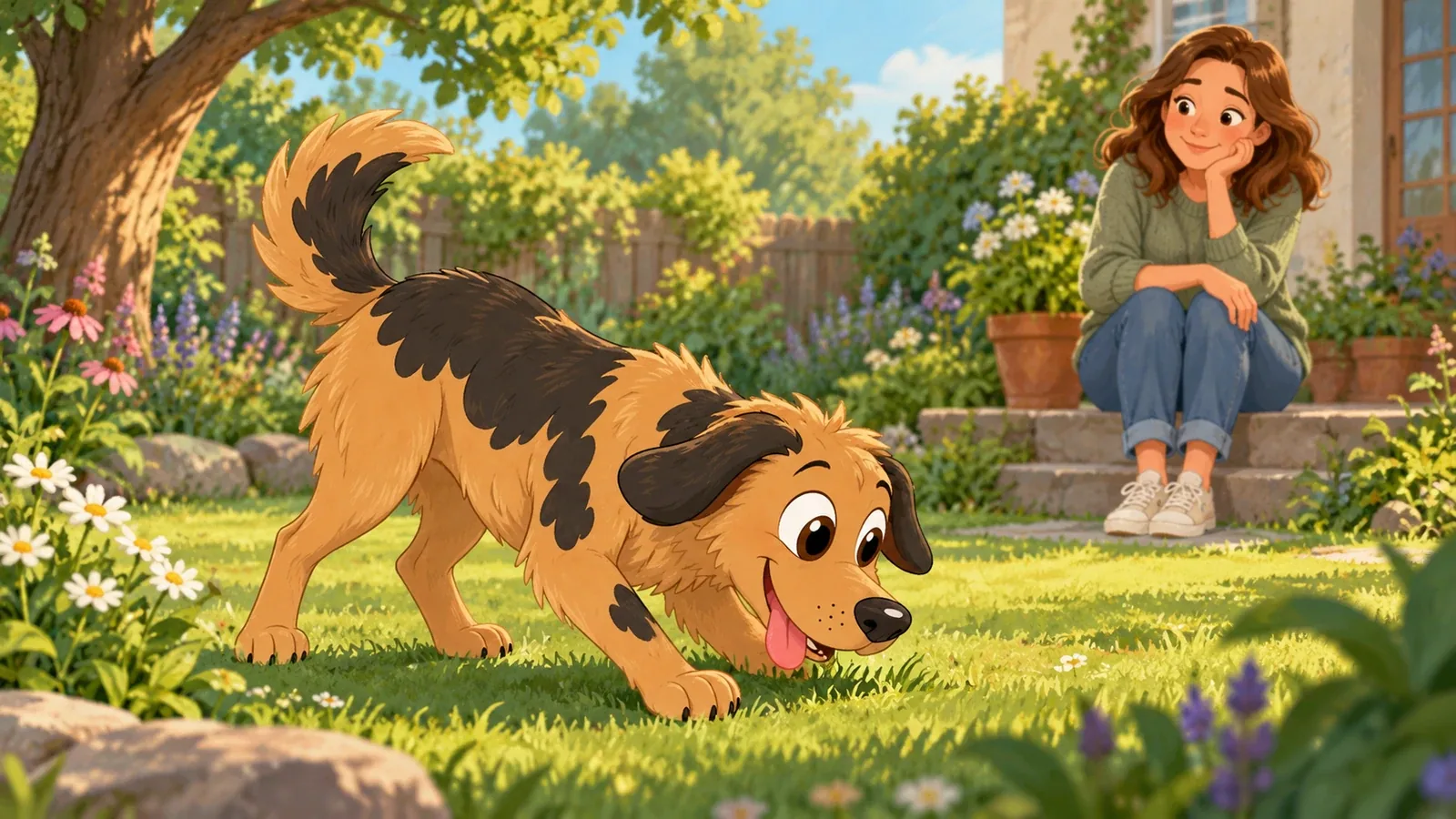 Rex lowers his head towards the garden grass while an adult quietly watches from the steps.