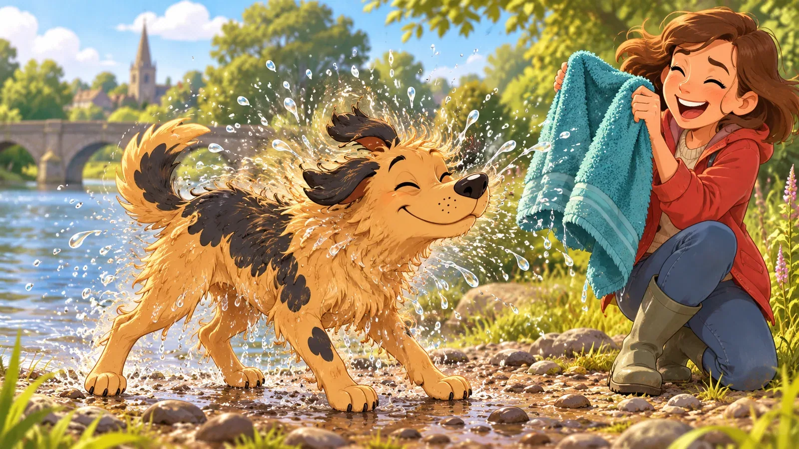 Rex shakes water from his coat while his owner holds up a towel.
