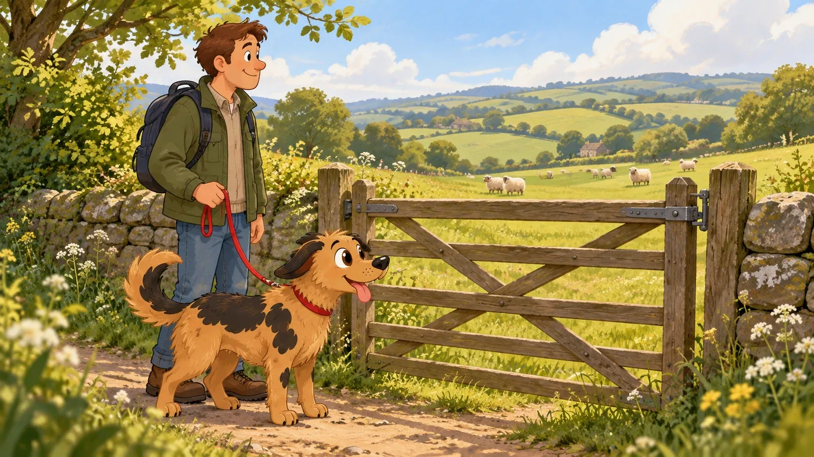Rex and his owner pause outside a closed field gate, with sheep grazing at a generous distance beyond the boundary.
