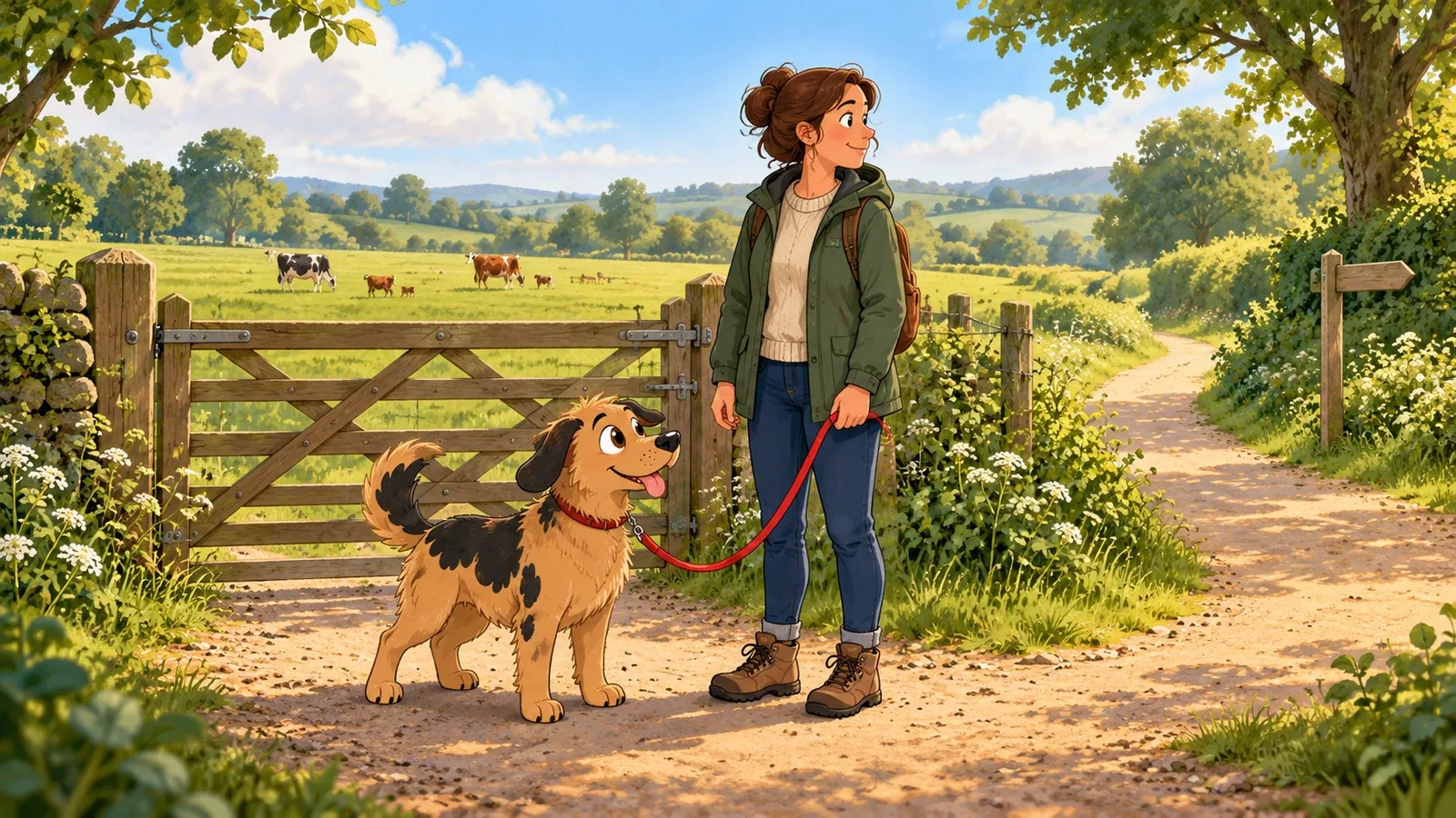Rex and an adult stand outside a closed field gate, with cattle far beyond the fence and a broad alternative path to one side.