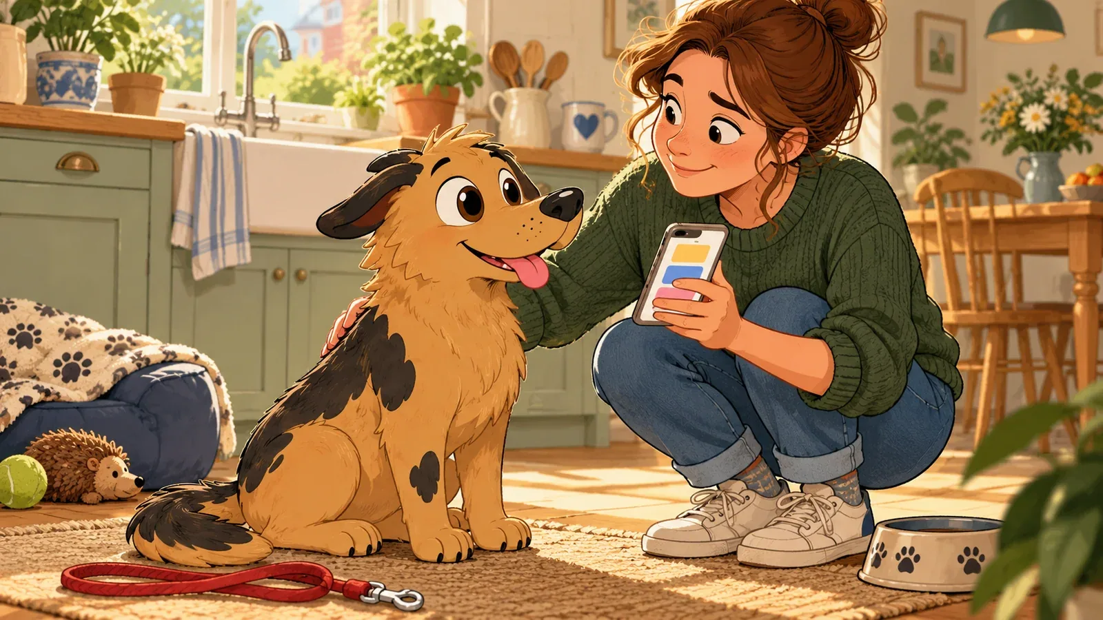 An owner holds a phone beside Rex while observing him in the kitchen.