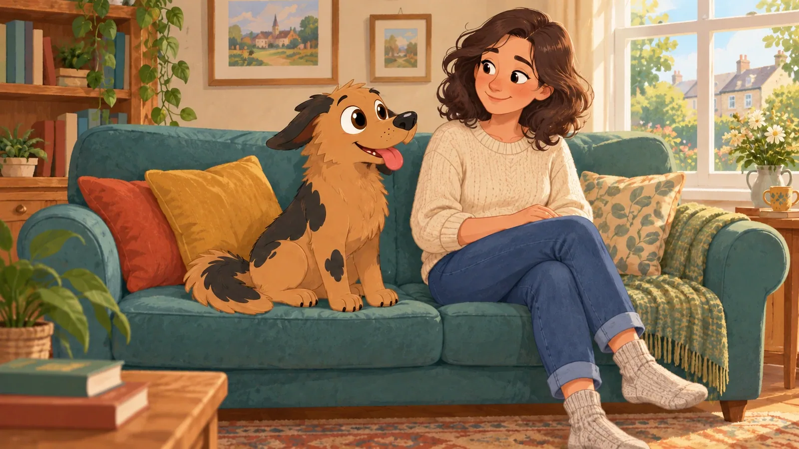 Rex sits freely beside an adult on a sofa, with space between them and the adult's hands resting in their lap.