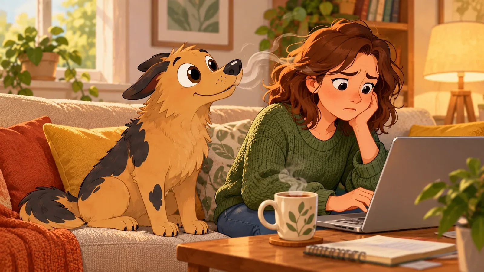 Rex watches his owner working at a laptop in a warm living room.