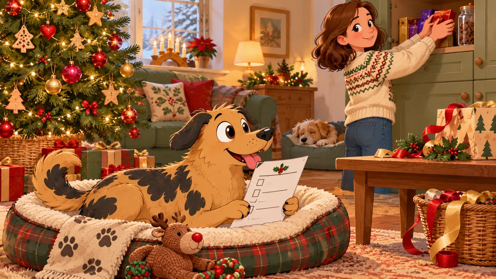 Rex rests beside a holiday checklist while an adult puts presents safely away.