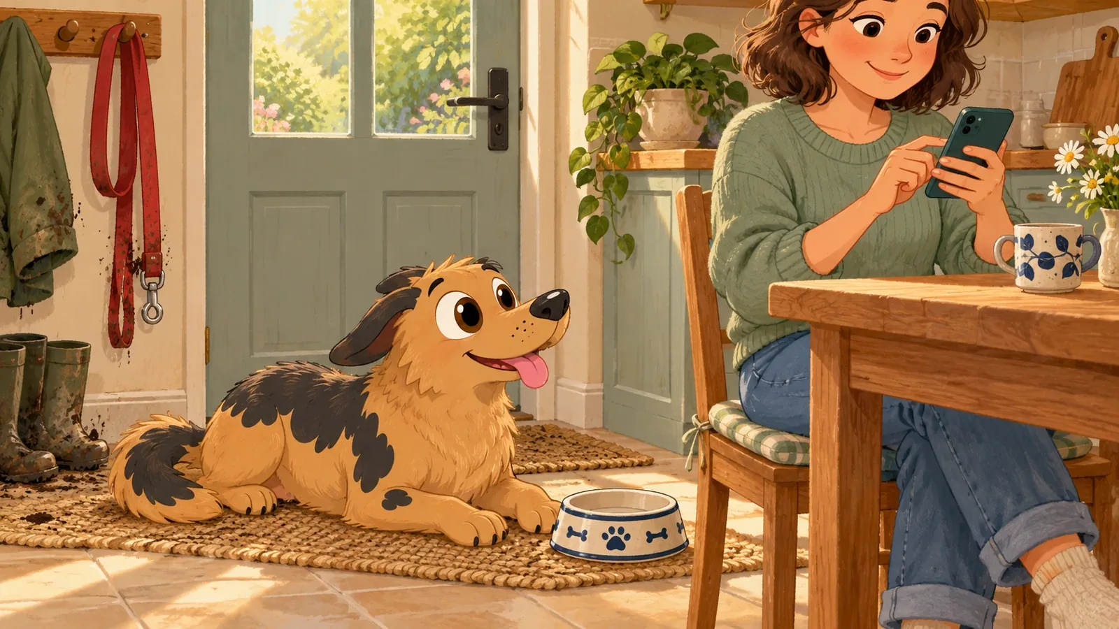 Rex rests beside an empty bowl by the kitchen door while an adult types on a phone; a muddy lead hangs nearby.