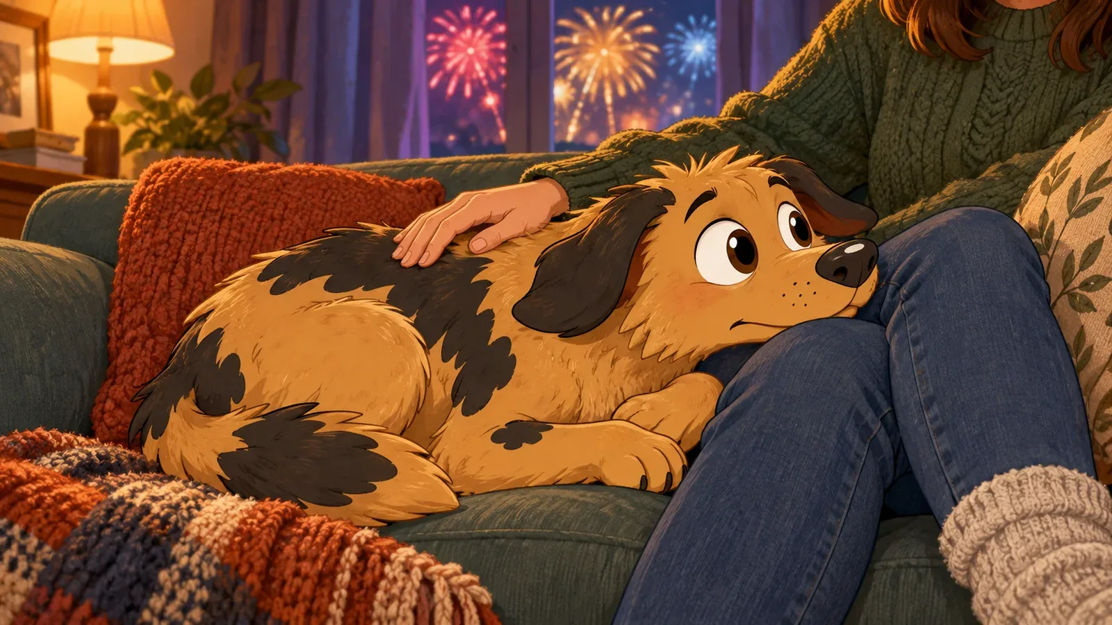 Rex leans against his owner on a sofa while distant fireworks glow outside.