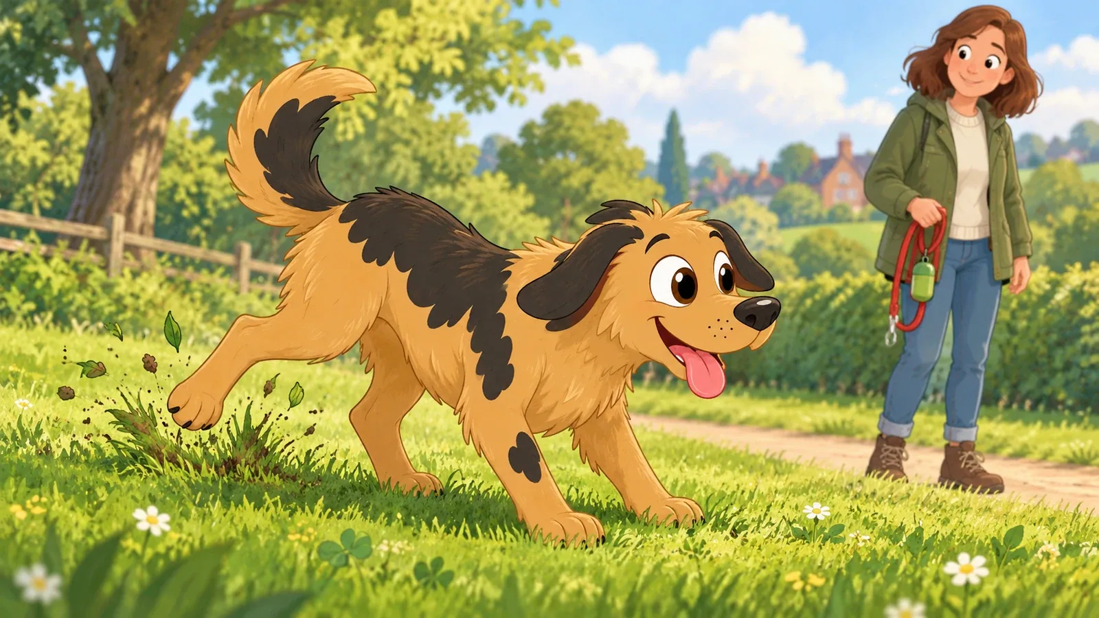 Rex scrapes a hind paw through grass beside a park path.