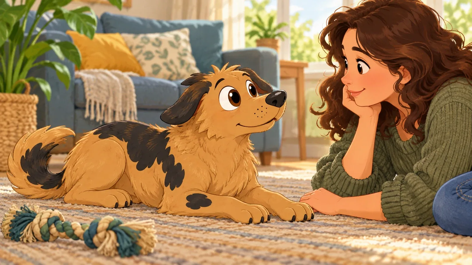 Rex calmly looks towards an adult beside him in a comfortable living room.