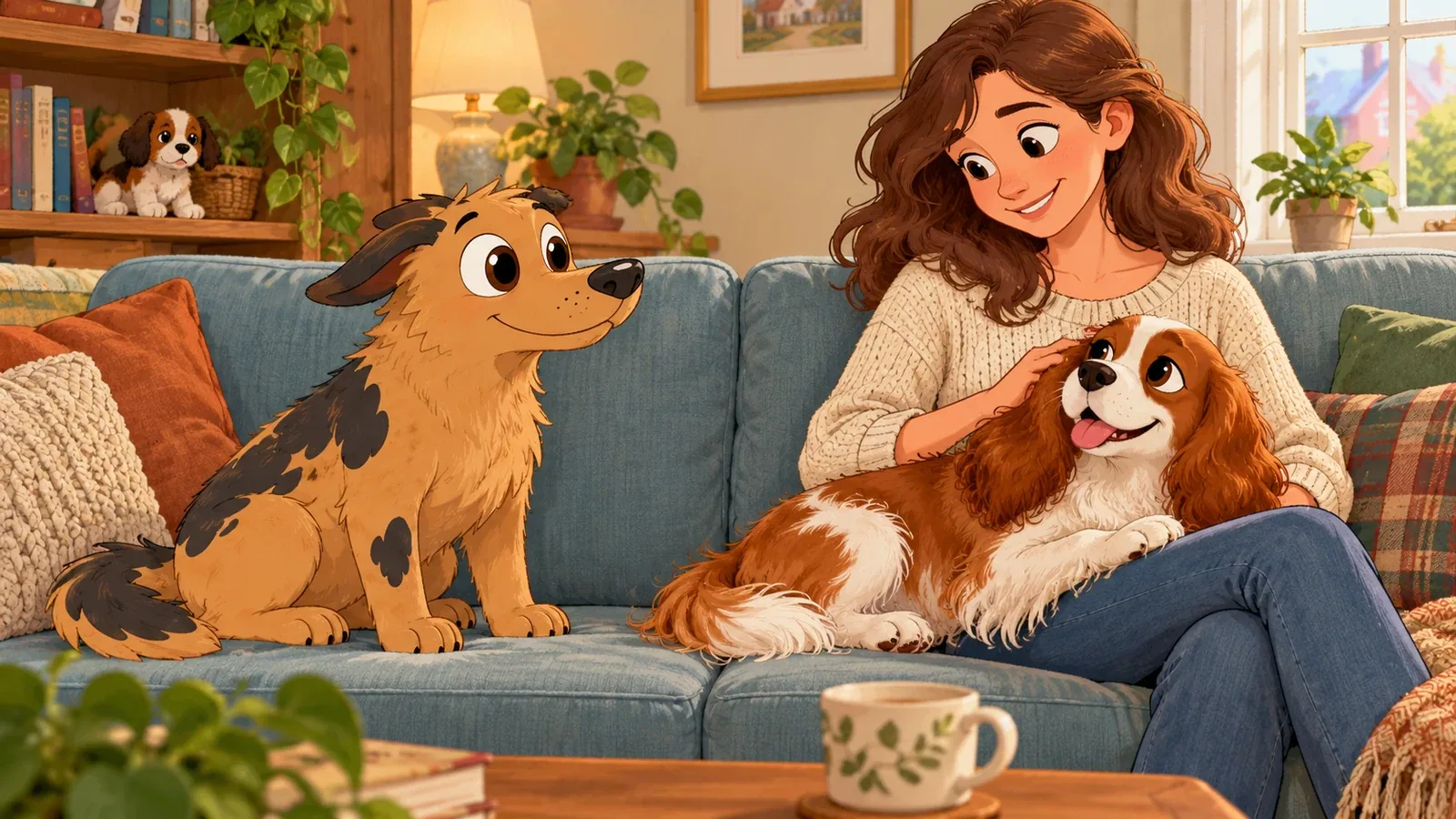 Rex sits beside his owner and a relaxed spaniel on a sofa, with a stuffed toy dog on a shelf.