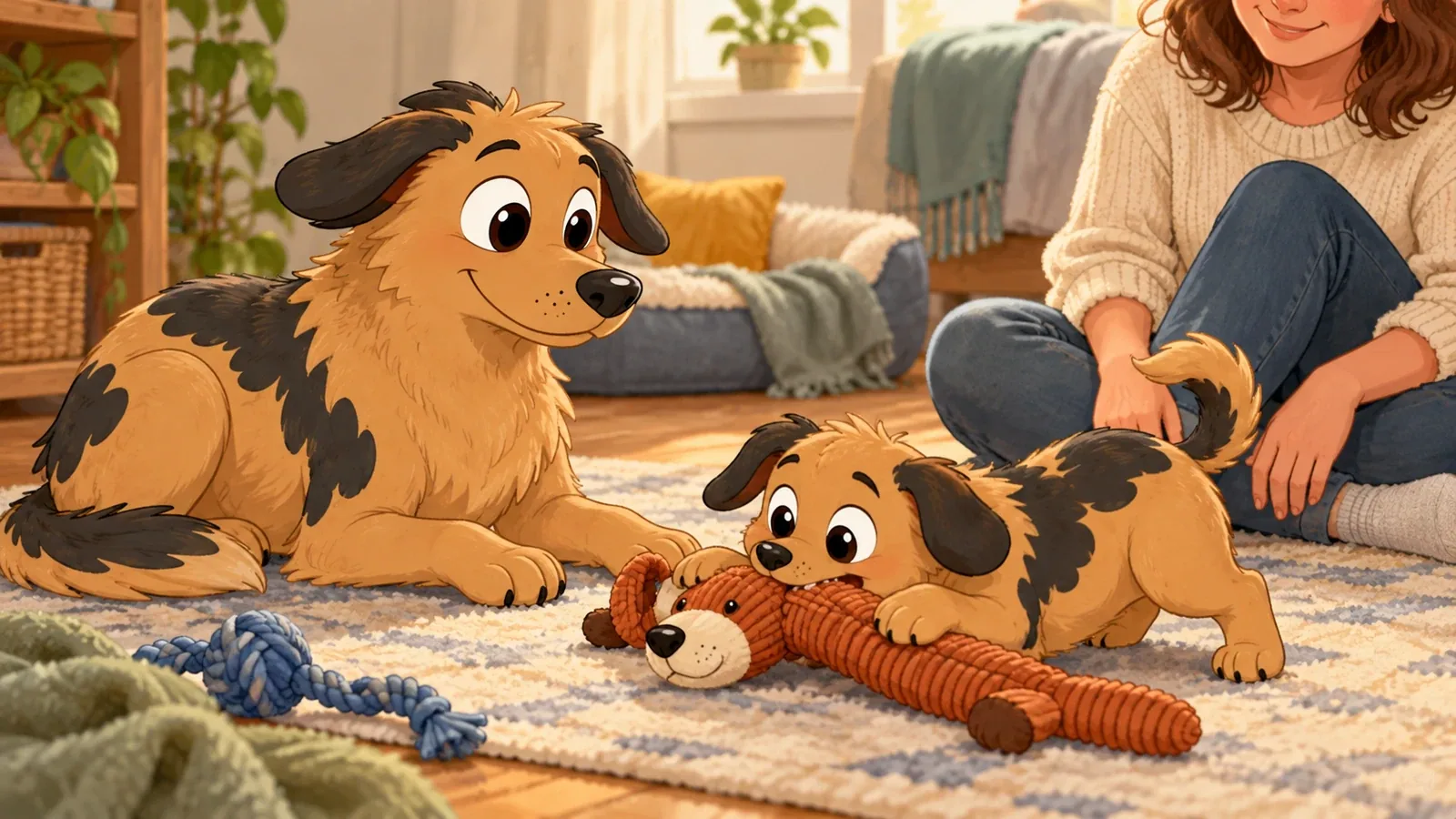 A puppy chews a long soft toy beside Rex while an adult sits nearby.