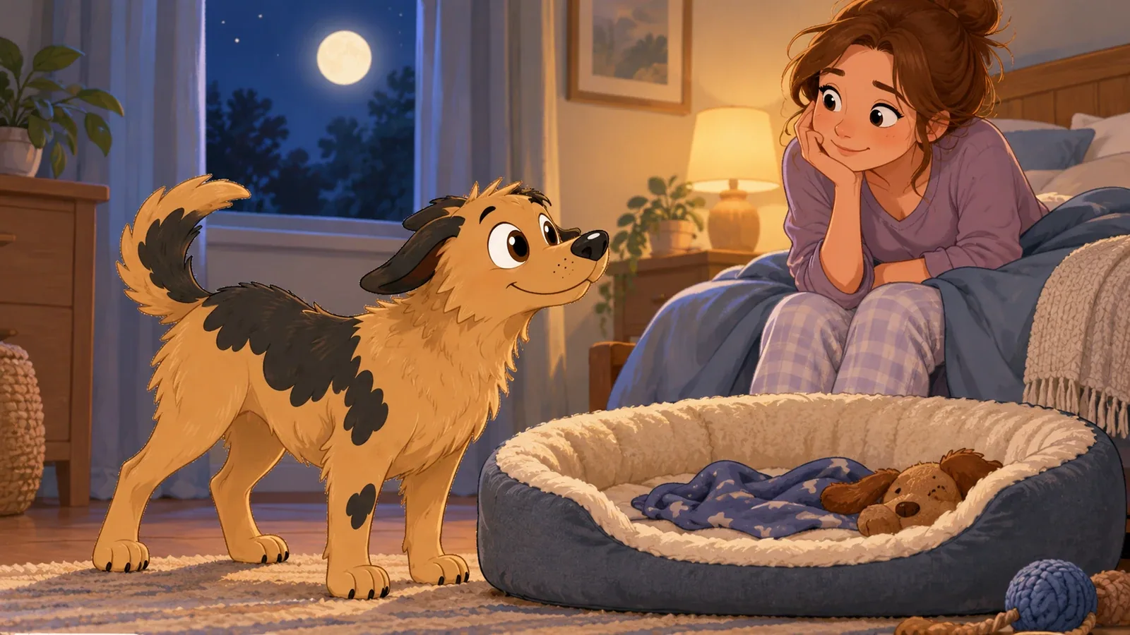 Rex stands beside his dog bed at night while an adult sits nearby in warm lamplight.