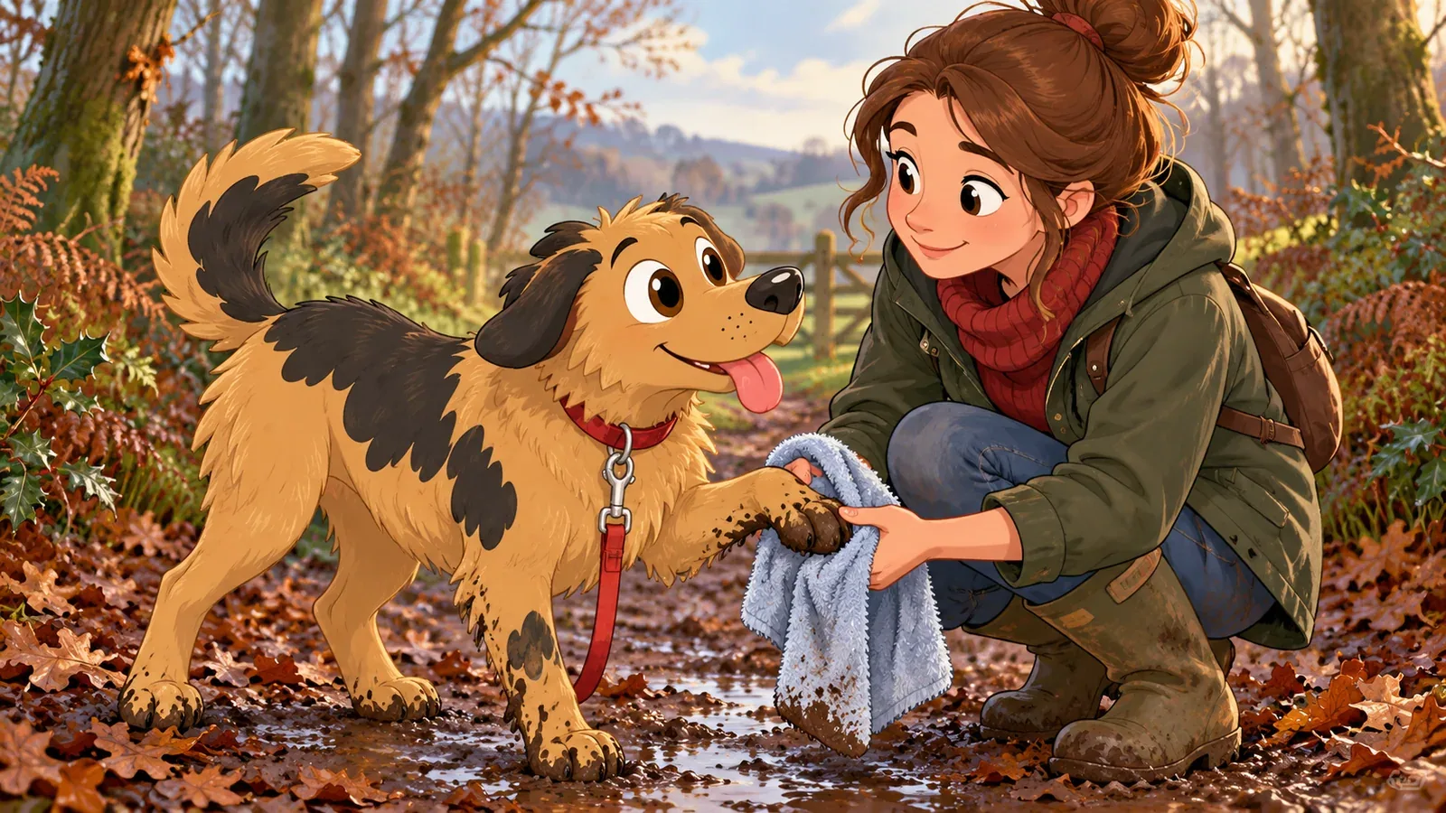 Rex lifts a muddy paw on a woodland path while his owner checks it with a towel.